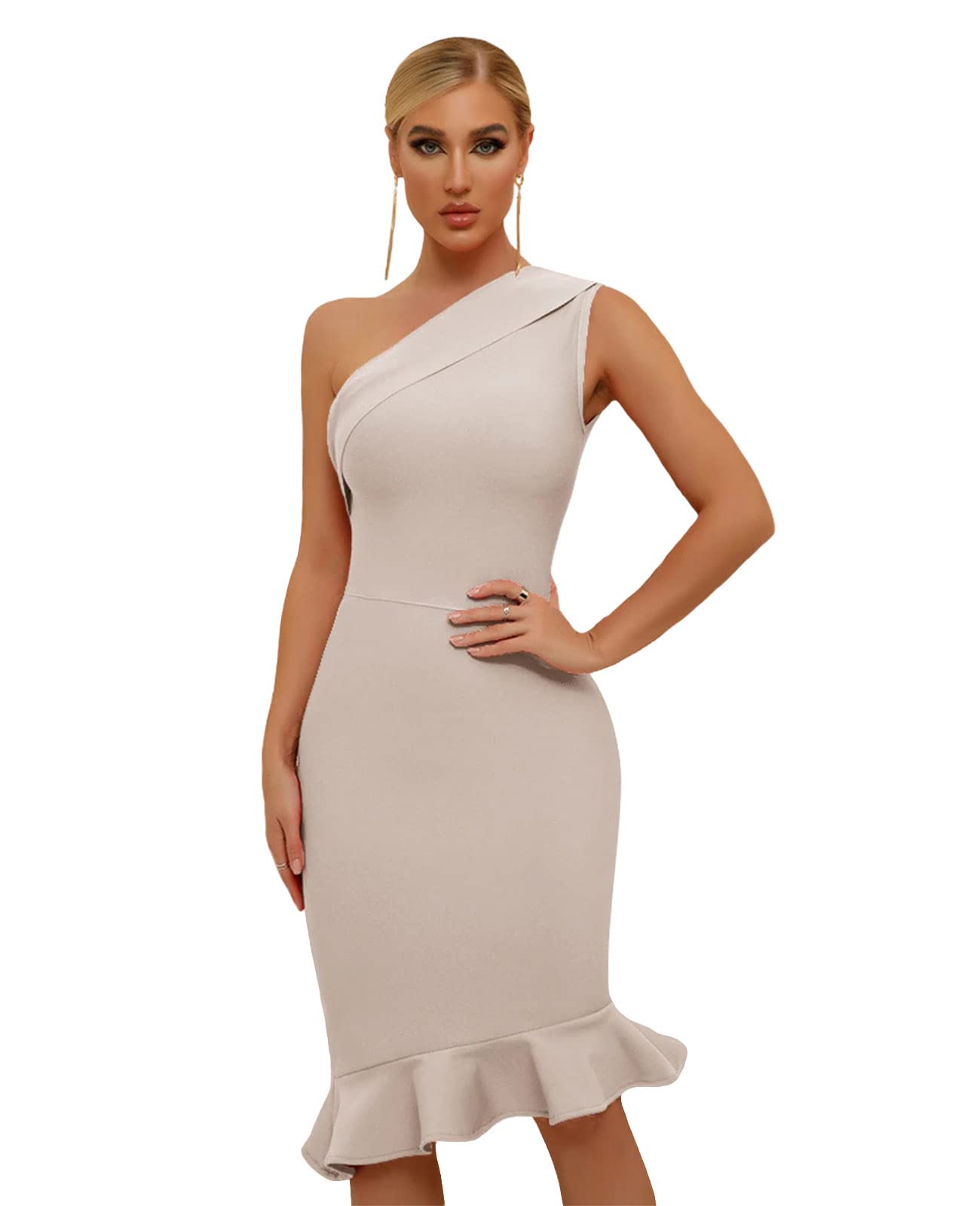 Maketina Women's Sexy One Shoulder Bodycon Bandage Dress - Mermaid Cocktail Midi Dress 2025 Trendy Party & Night Out Outfit