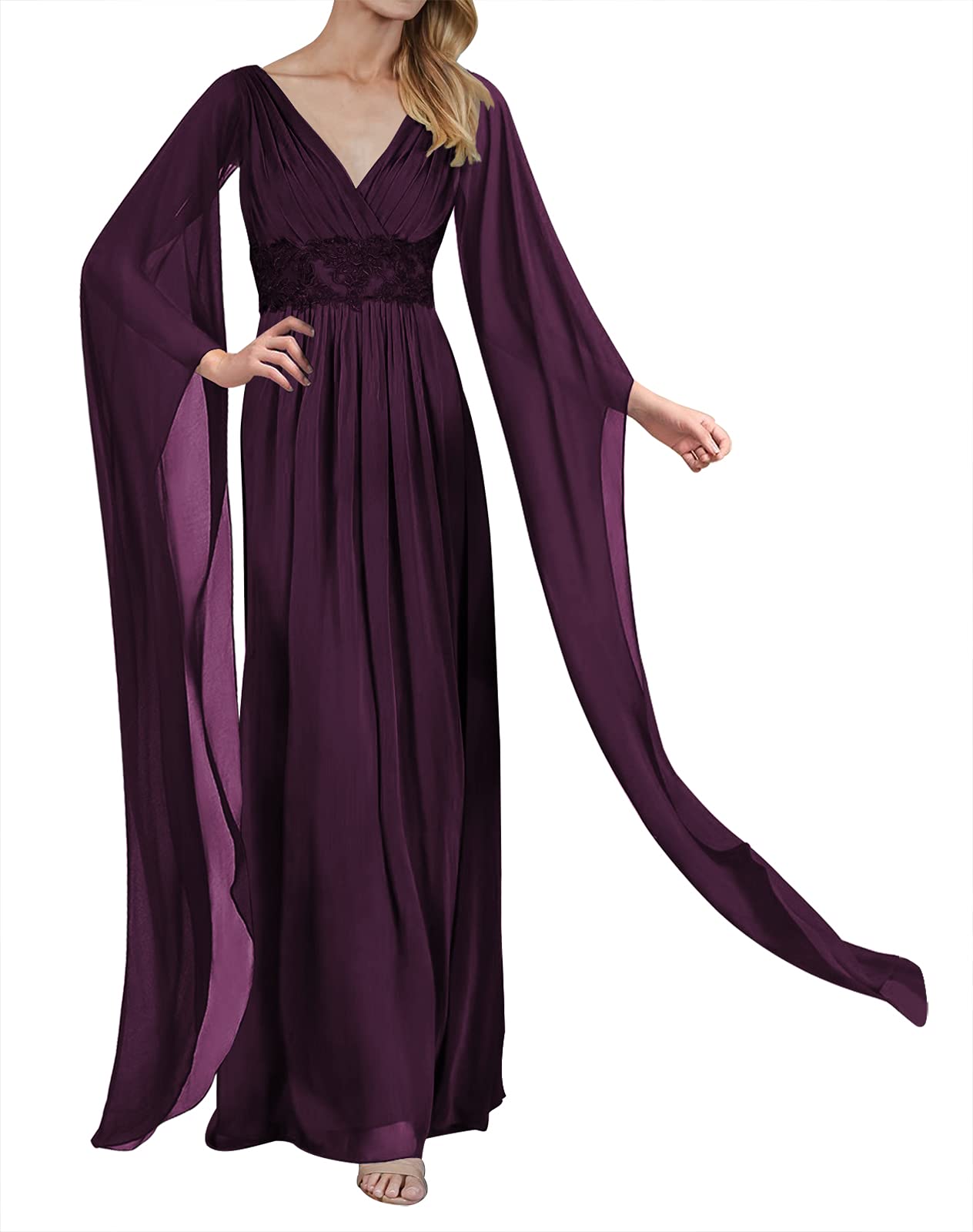 Elegant V-Neck Chiffon Mother of The Bride Dress - Long Sleeve A-Line Evening Gown for Weddings, Formal Events & Special Occasions