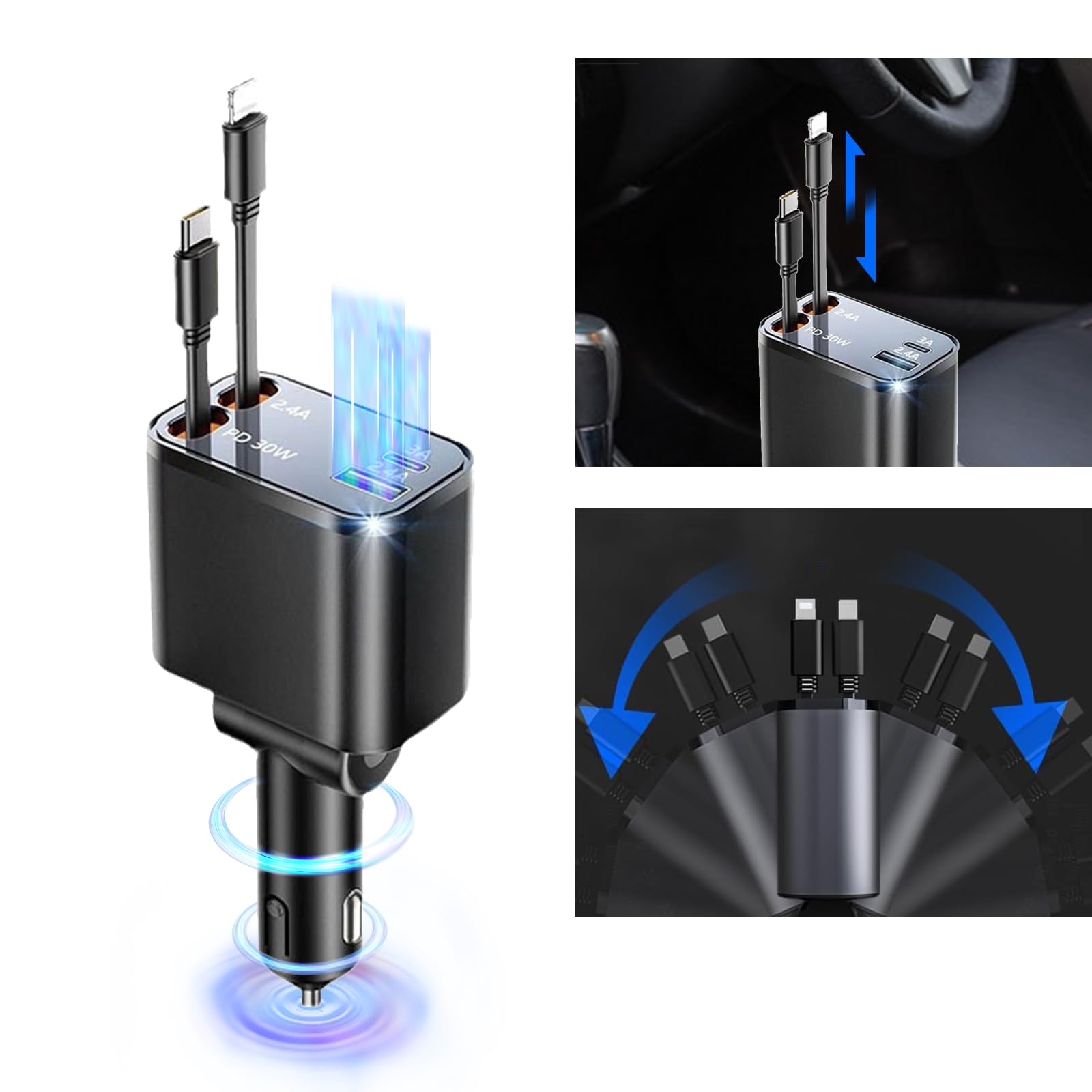 4-in-1 Retractable Fast Car Charger 30W - Dual USB-C Car Phone Charger Adapter for iPhone 16/15/14/13/12/Pro Max, iPad, Samsung Galaxy S25/S24/S23, MacBook & Laptops - Perfect for Road Trips & Commuting (Black)