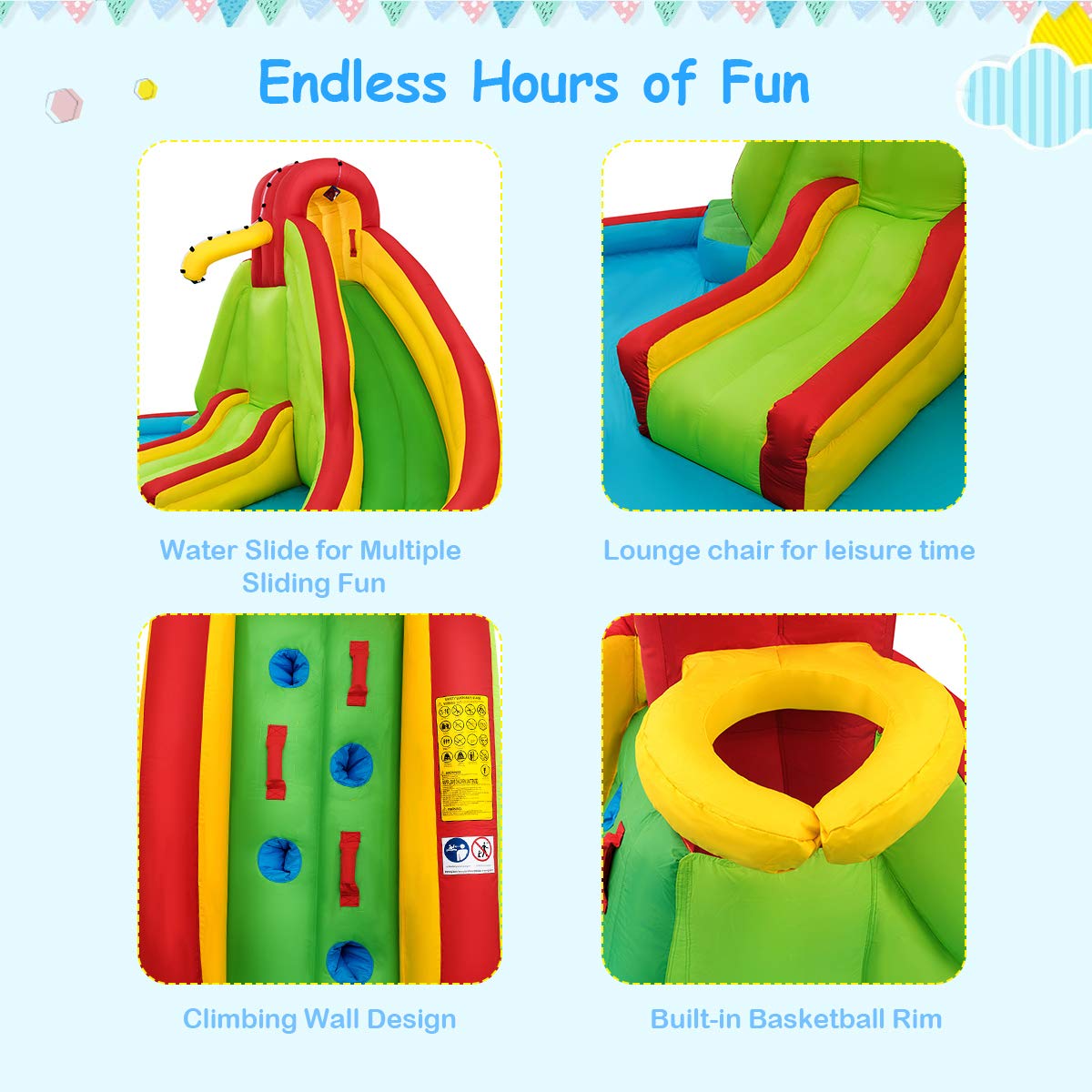 OLAKIDS Inflatable Water Slide - 7-in-1 Bounce House with Dual Slides, Climbing Wall, Splash Pool, Basketball Hoop & Water Guns | Outdoor Summer Party Water Play for Kids Backyard, Birthday, Beach | Includes Carrying Bag & Repair Kit