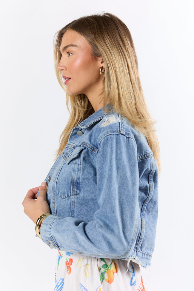Vintage Distressed Denim Jacket for Women - Medium Wash Deconstructed Lightweight Jean Jacket - Perfect for Casual Outfits, Streetwear & Layering in Fall & Spring