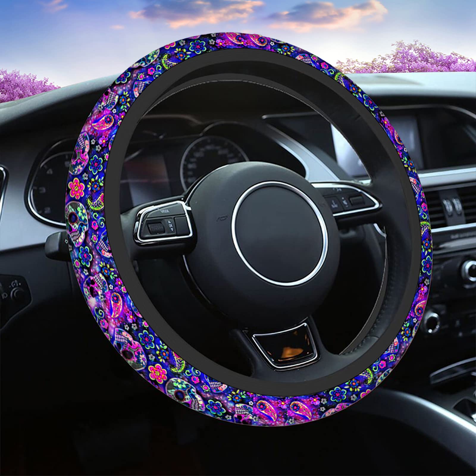 Swono Sugar Skull Steering Wheel Cover - Abstract Purple Sugar Skull & Paisley Flower Design, Anti-Slip Car Wheel Wrap for Most 15-Inch Steering Wheels (Fits Cars & Trucks) - Perfect for Gothic Style Lovers & Unique Car Accessories