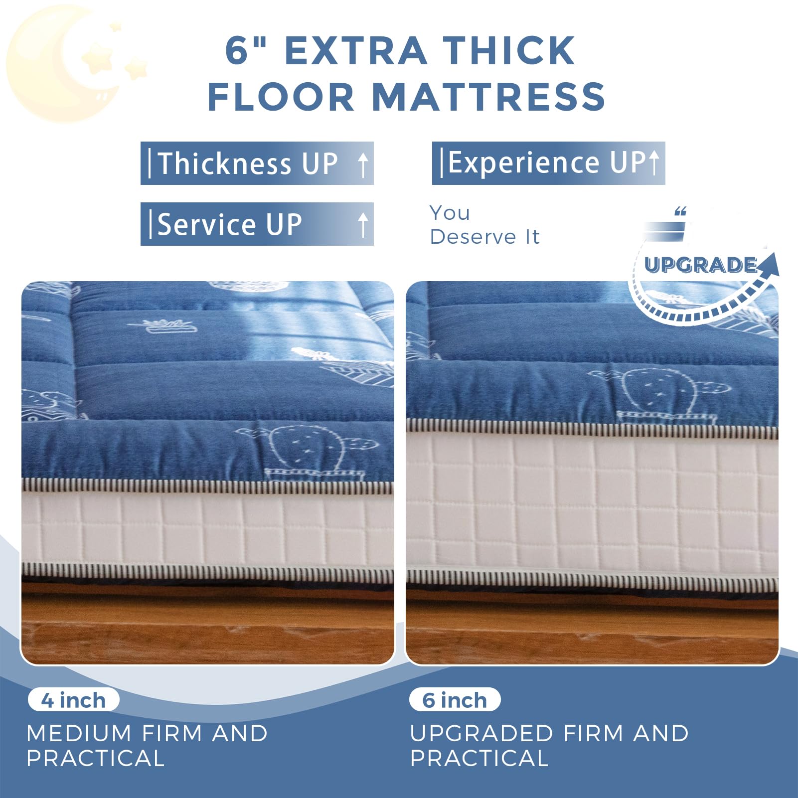 MAXYOYO 6-Inch Extra Thick Futon Mattress - Foldable Floor Mattress with Cactus Design for Adults & Guests | Perfect for Camping, Sleepovers & Small Space Living