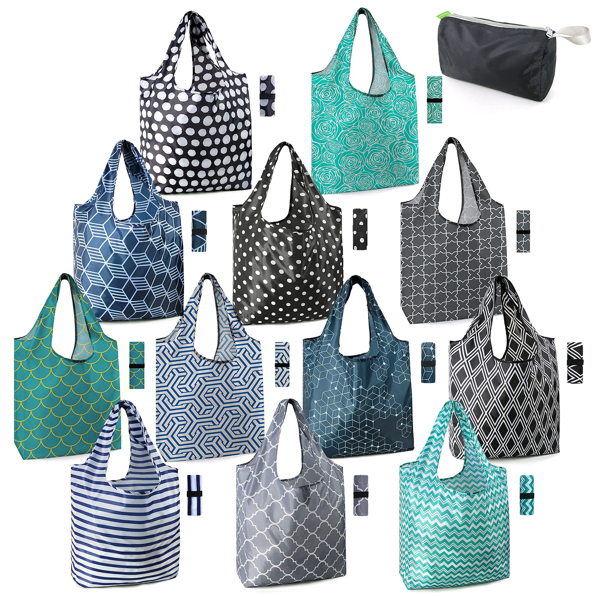 BeeGreen Reusable Grocery Bags - 12 Pack Large Washable Foldable Tote with Zipper Storage Pouch & Clear Stadium Bag, Front Pocket & Adjustable Shoulder Straps | Eco-Friendly Shopping, Travel & Sports Events