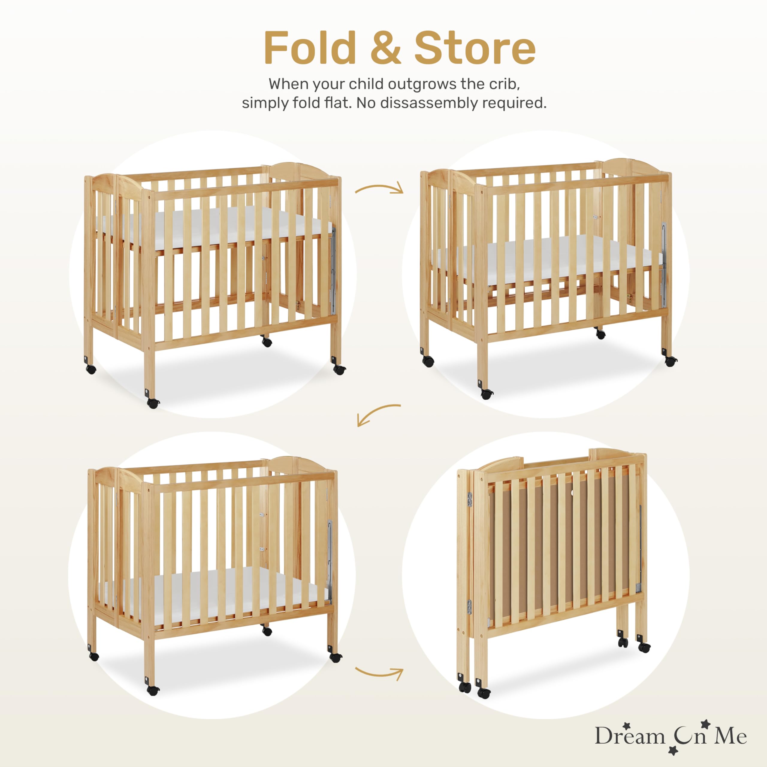 Dream On Me 3-in-1 Portable Folding Convertible Baby Crib - Greenguard Gold Certified, Adjustable Mattress Heights, Locking Safety Wheels - Natural Wood Finish for Nursery, Bedroom & Travel Use
