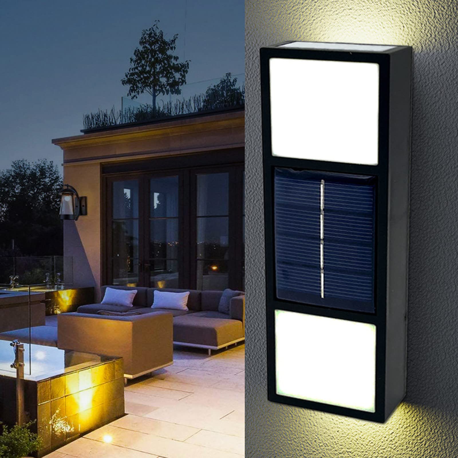 Solar Powered LED Outdoor Lights - Waterproof IP65 Wall Light with Up & Down Illumination, Sunlight Sensor for Home Garden Porch Patio Decor | Perfect for Pathway Lighting, Backyard Ambience & Nighttime Safety