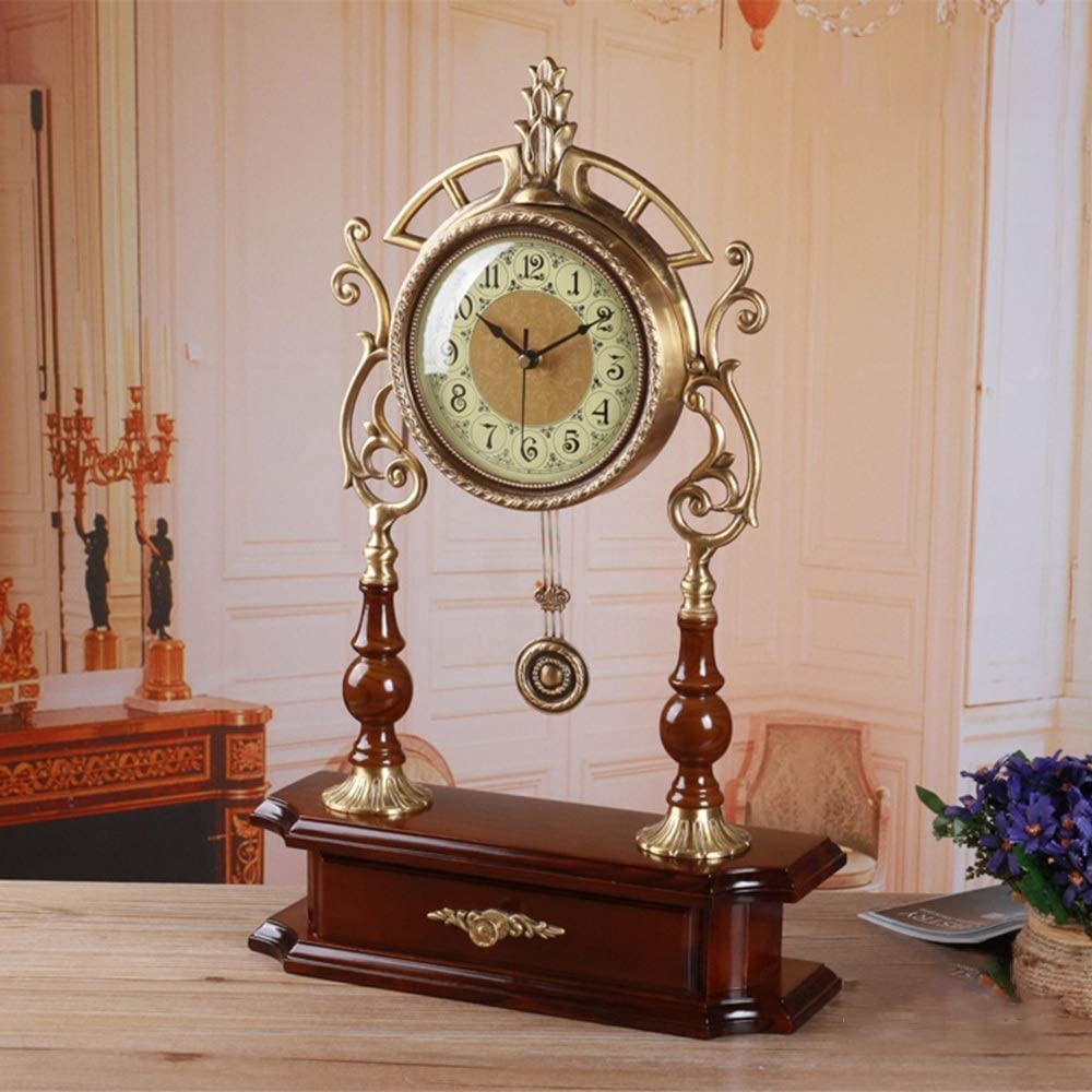 Vintage Metal Mantle Clock with Silent Quartz Movement & Small Drawer - Elegant Table Pendulum Clock for Living Room, Bedroom, Bedside, Kitchen Shelf - Perfect Home Decor & Gift Idea for Housewarming, Anniversary, or Classic Interior Design