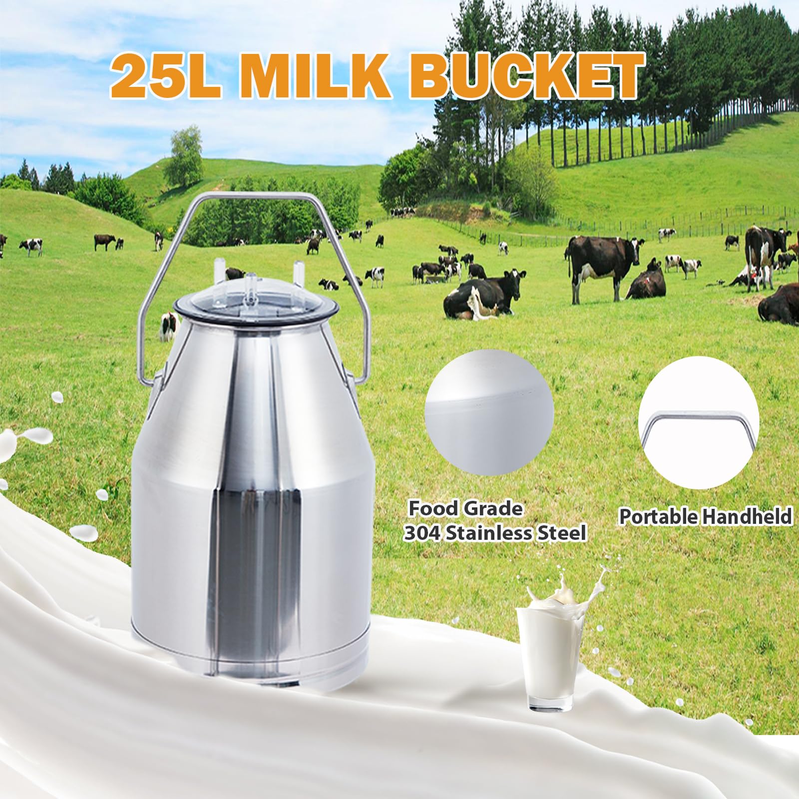 GARVEE 25L Electric Cow Milking Machine - 304 Stainless Steel Bucket with Food Grade Silicone Cups & Tubes - Automatic Pulsation Vacuum Milker for Cows & Goats - Perfect for Small Farms, Homesteads & Dairy Production