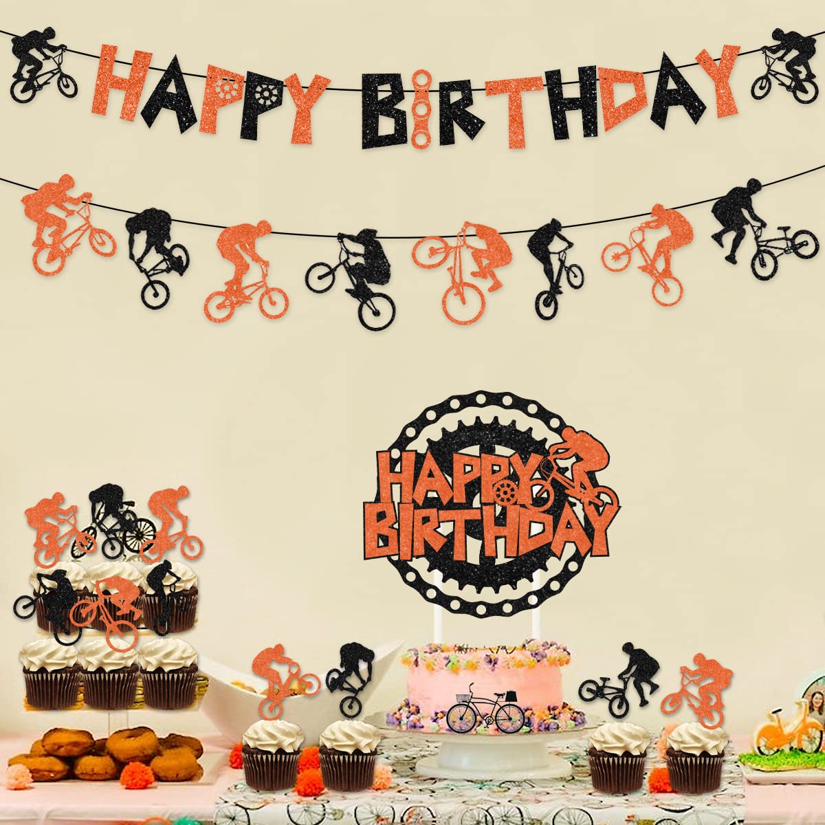 Orange & Black BMX Bike Birthday Party Decorations - Happy Birthday Banner, Cake Topper, Garland & Balloons for Extreme Sports Themed Parties | Perfect for Boys' Motocross & Bicycle Celebration Decor