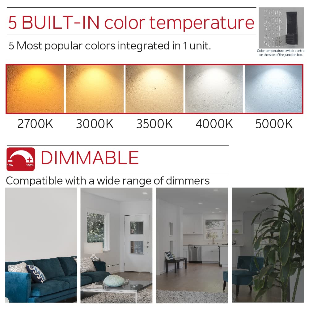 Nadair 12-Pack 4 Inch LED Ultra Slim Recessed Lights - 9W 750 Lumens, 5 Color Temperatures (2700K/3000K/3500K/4000K/5000K) - Dimmable, IC Rated, ETL Certified - White & Black Trim Included - Perfect for Living Room, Kitchen, Bedroom Lighting