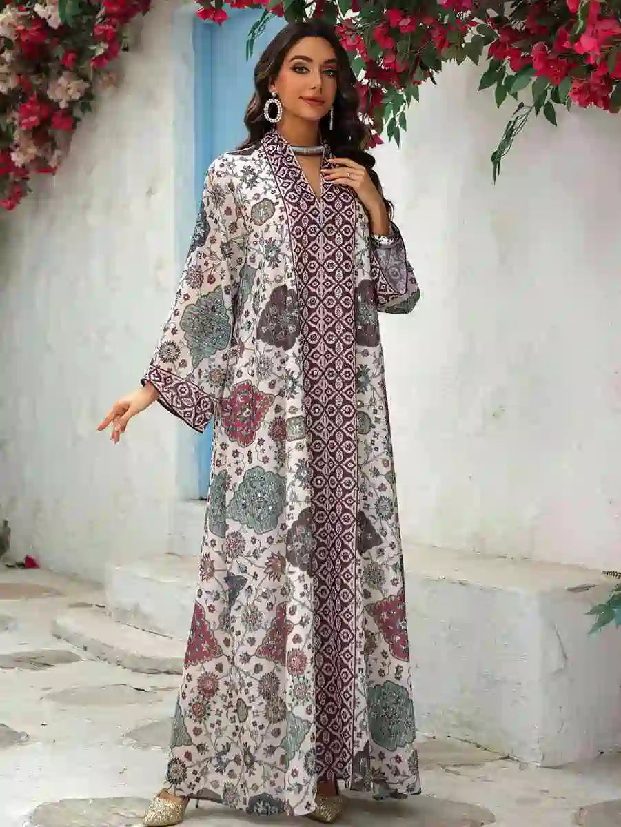Elegant Chiffon Printed Eid Dress Caftan Kaftan for Women - Flowy Long Sleeve Maxi Dress with V-Neck - Perfect for Eid Celebrations, Weddings & Special Occasions