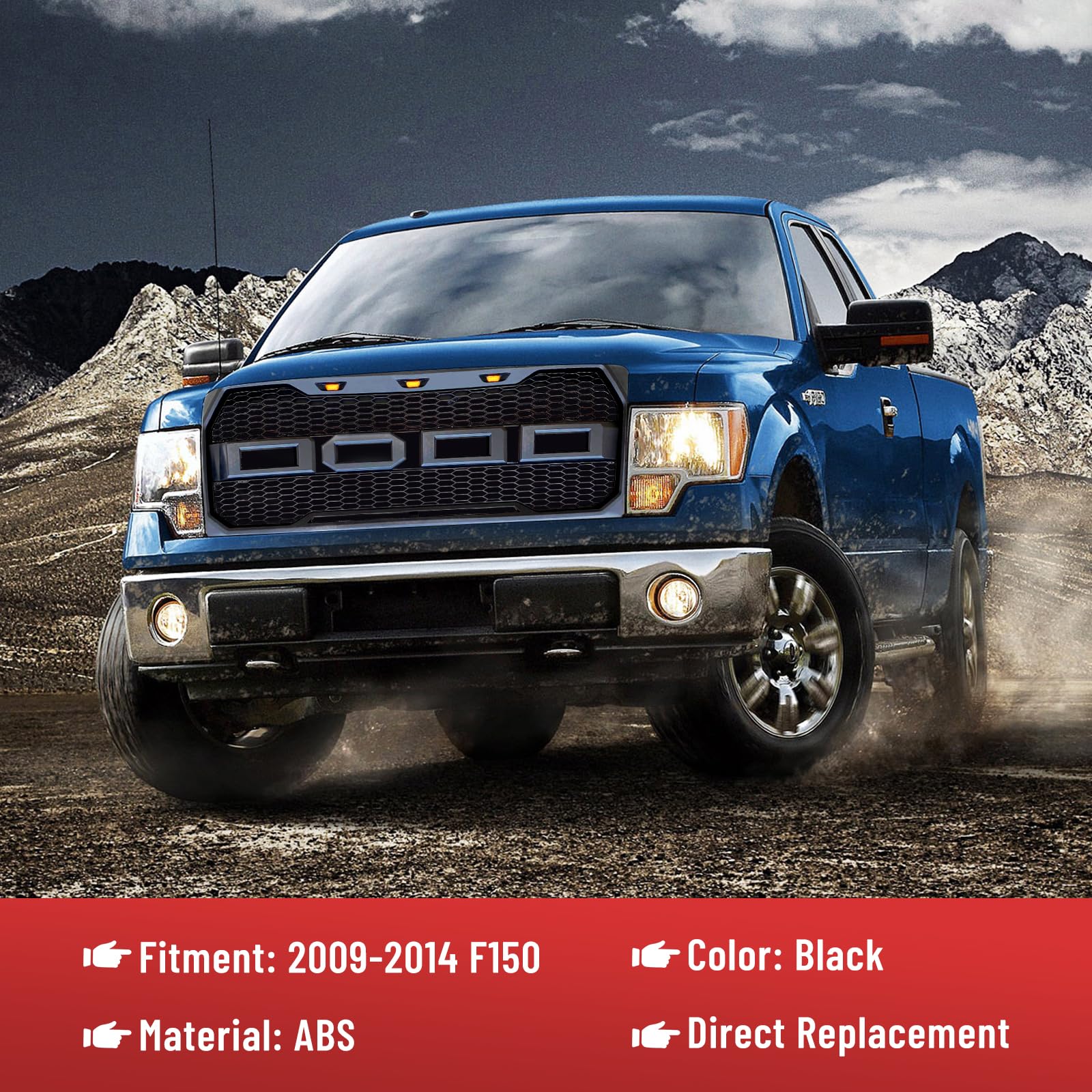 2009-2014 Ford F-150 Pickup Truck Front Grille Replacement - ABS Black Mesh Grill with LED Lights & Emblem Letters | Perfect for Off-Road Upgrades & Custom Truck Modifications