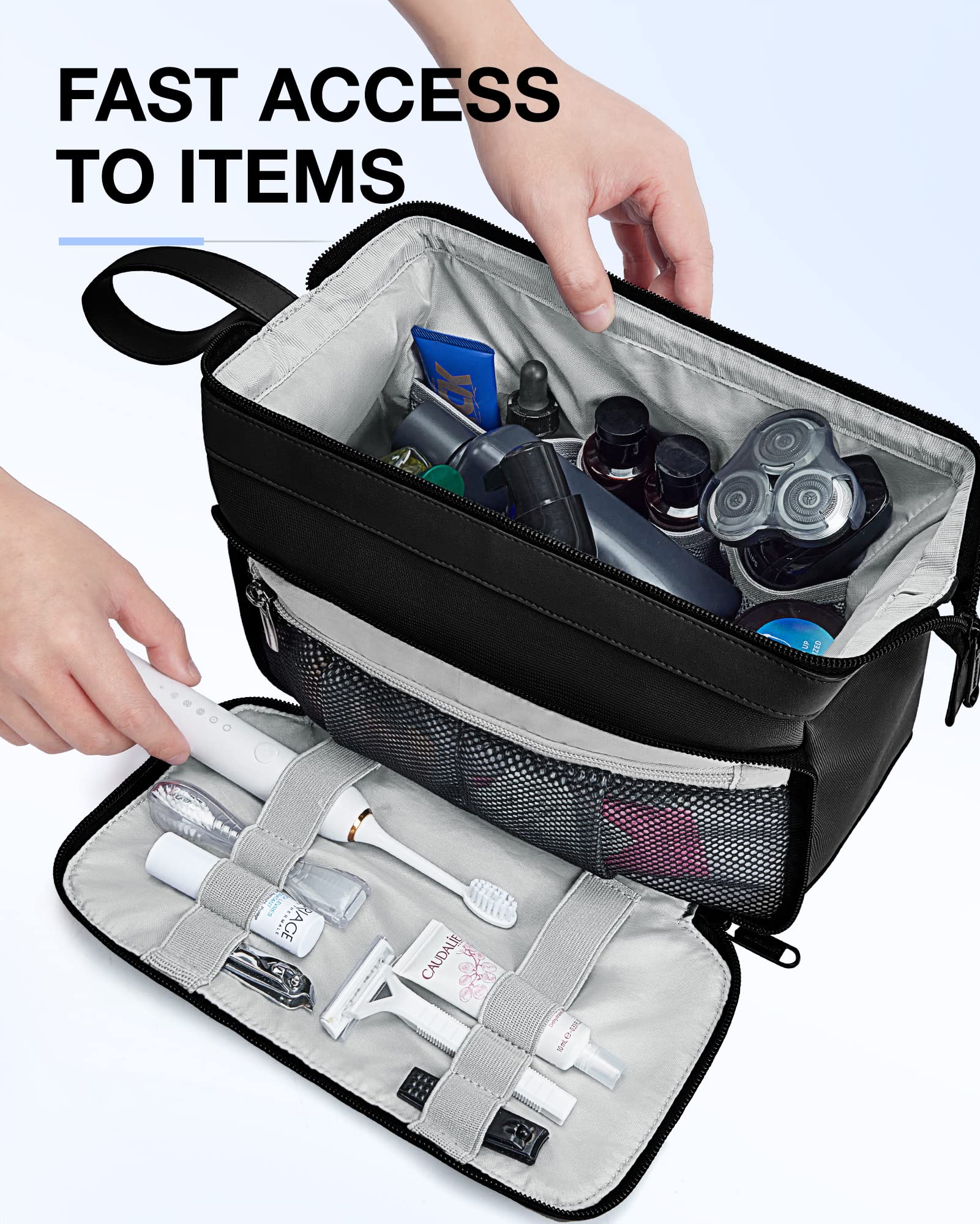 BAGSMART Waterproof Travel Toiletry Bag for Men - Large Opening Dopp Kit with Hanging Hook, Shaving & Hygiene Organizer for Bathroom, Gym, Camping (Black) - Perfect for Business Trips & Vacation Essentials