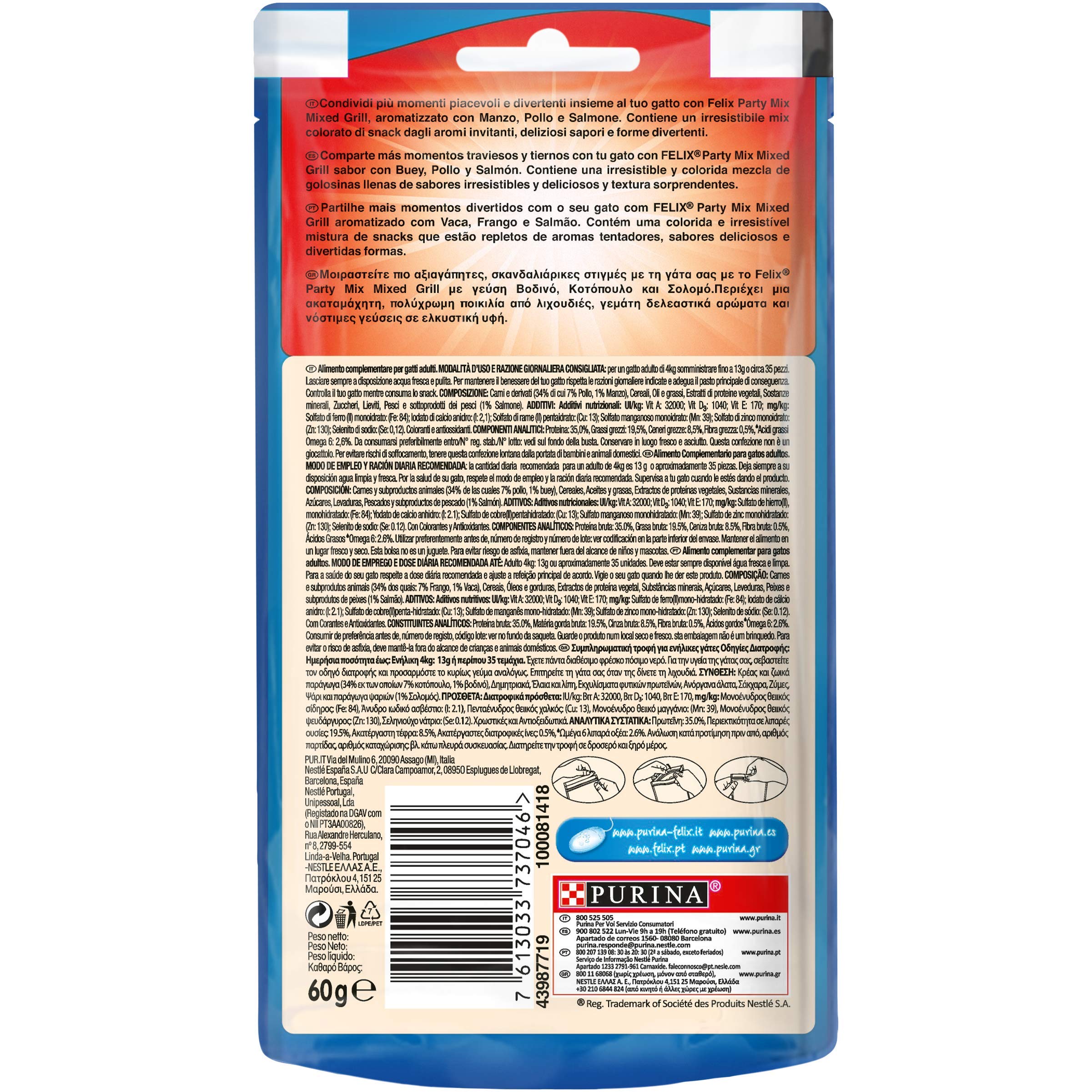 Purina Party Mix Cat Treats with Beef, Chicken & Salmon - Grain-Free Snacks for Cats - 8 Packs (60g Each) - Perfect for Training Rewards, Bonding Time & Special Occasions