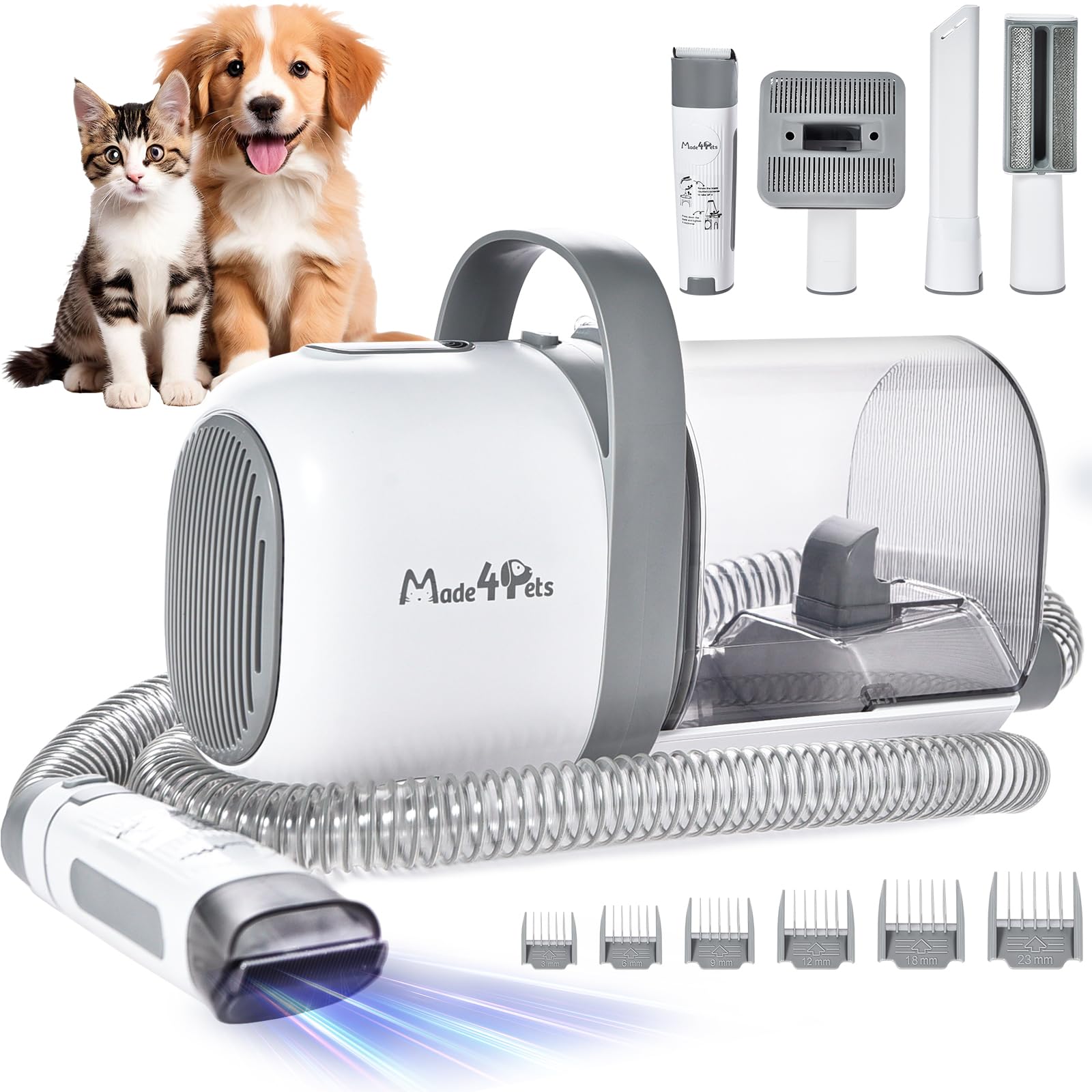 Made4Pets Professional Dog Grooming Kit - 10-in-1 Pet Grooming Vacuum with Low Noise Clippers & Shedding Brush for Dogs & Cats | Perfect for Home Cleaning & Pet Hair Removal