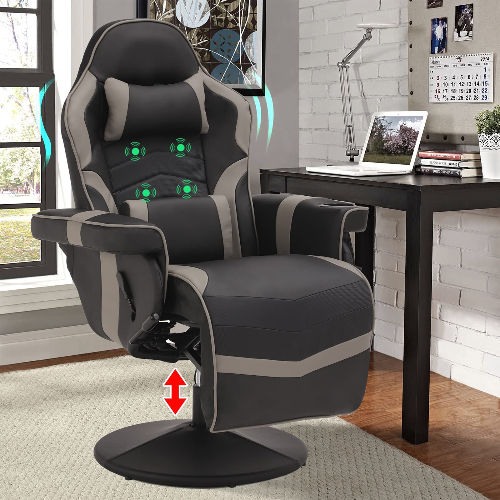 LVUYOYO Ergonomic Massage Gaming Recliner Chair - Adjustable High Back PU Leather Office Chair with Lumbar Support, Footrest & Cup Holder - Perfect for Home Office, Gaming Setup and Relaxation
