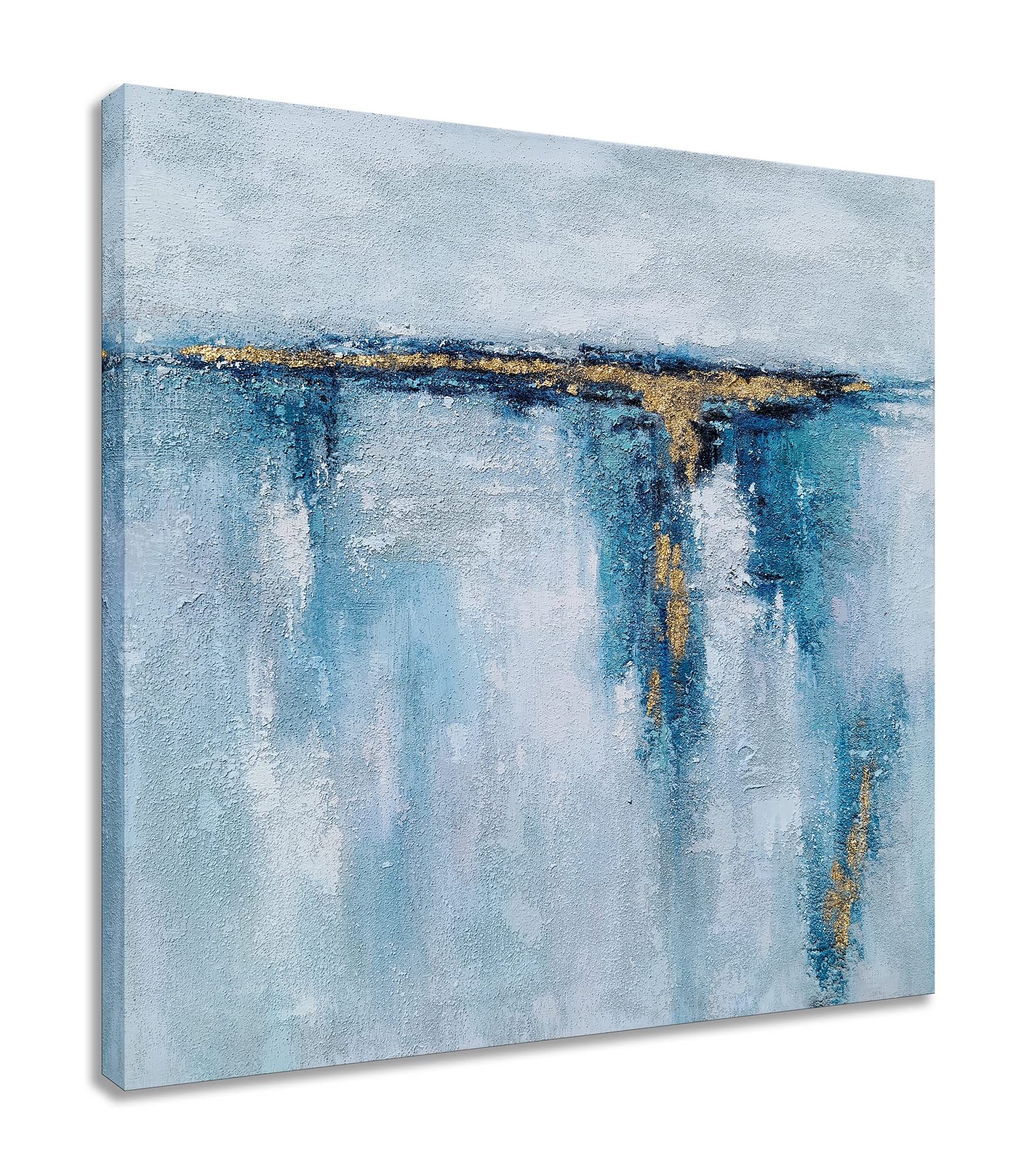 SYGALLERIER Abstract Ocean Canvas Wall Art - Hand Painted Modern 3D Coastal Painting with Gold Foil, Contemporary Square Picture for Living Room, Bedroom & Bathroom Decor | Perfect for Beach House, Coastal Theme & Modern Interior Design