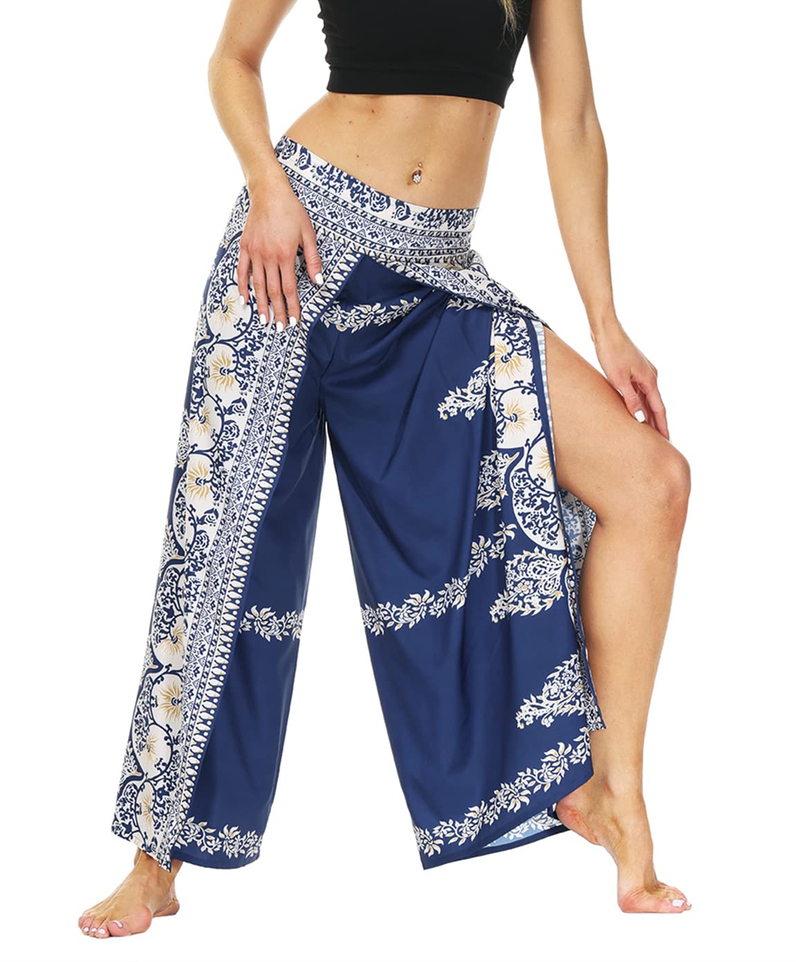 GLUDEAR Women's Boho Printed Palazzo Yoga Pants with Side Split - High Waisted Wide Leg Lounge Pants for Workout, Running, Travel & Casual Wear