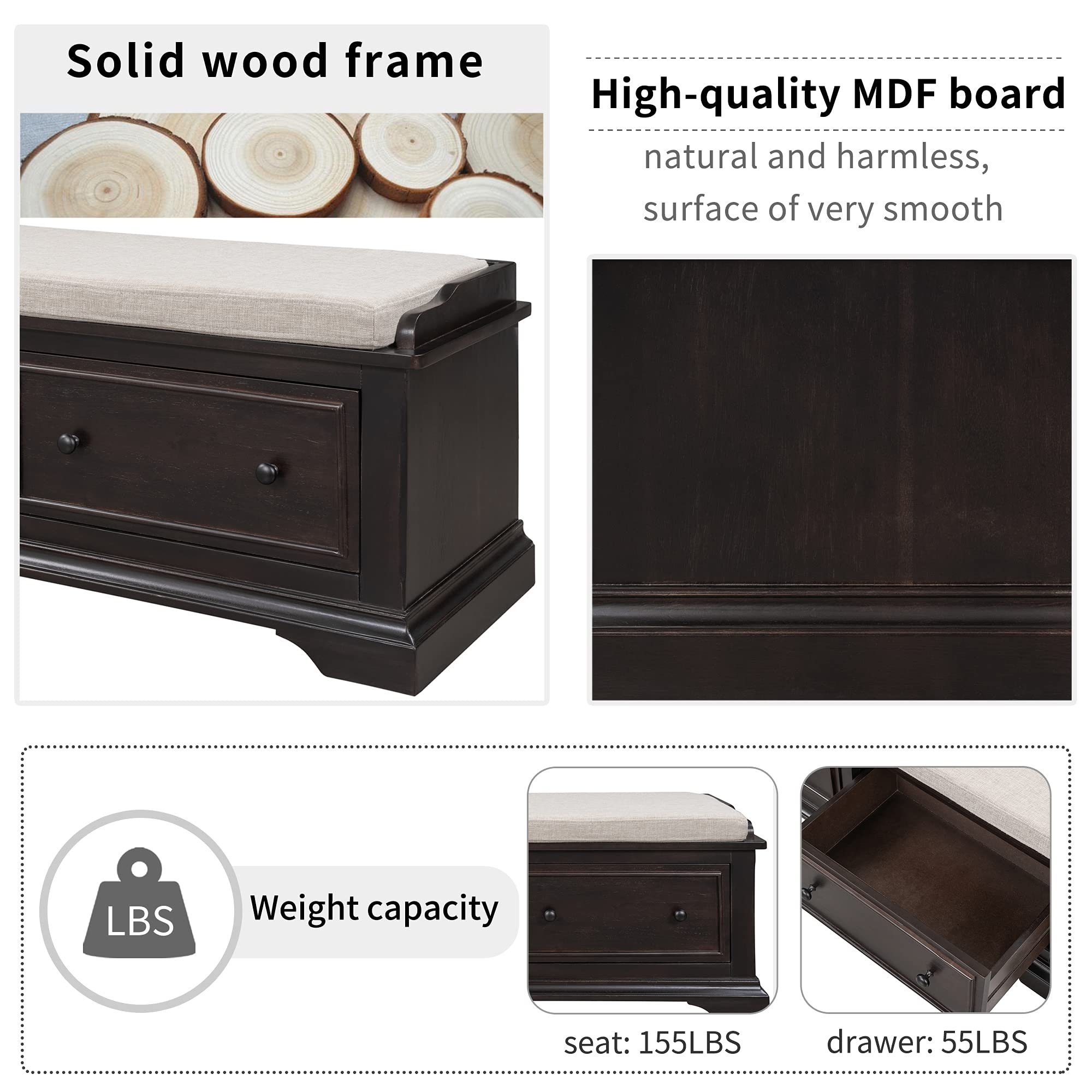 **Solid Wood Fully-Assembled Shoe Storage Bench with 2 Large Drawers & Removable Linen Blend Cushion - Entryway, Hallway, Living Room Bench (Espresso & Wood) - Perfect for Organizing Shoes, Coats & Home Decor**