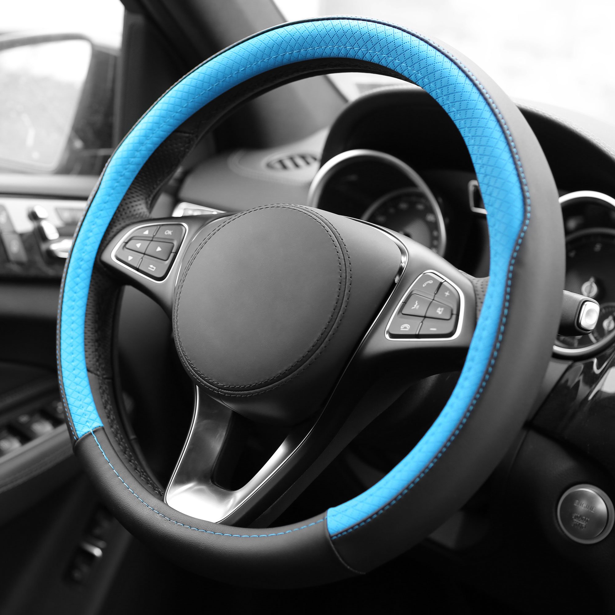 FH Group Geometric Chic Microfiber Leather Steering Wheel Cover - Universal Fit for Cars & SUVs (Blue) | Non-Slip Grip & Heat Protection for Comfortable Driving