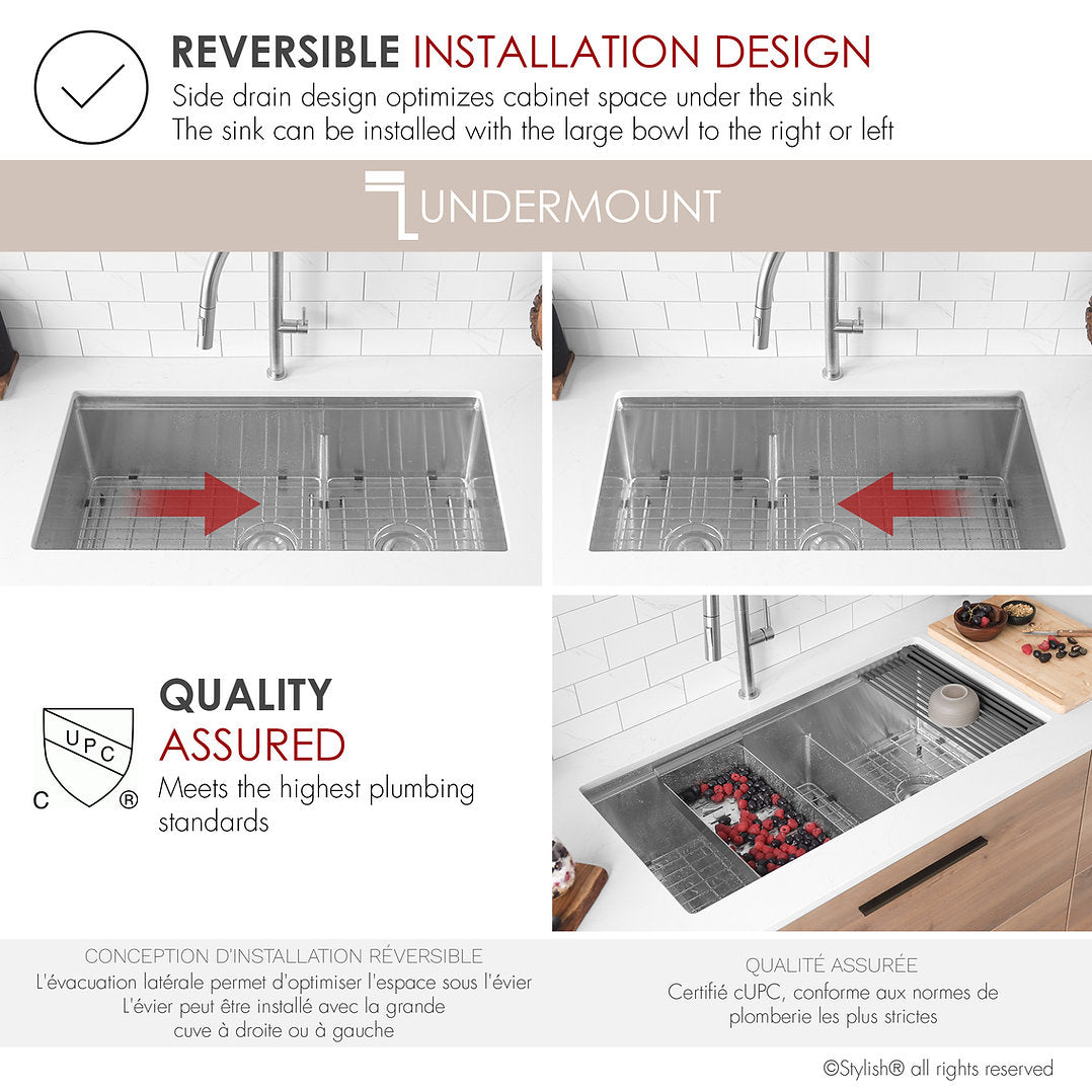 Premium 36-Inch VERSA36 S 636W Stainless Steel Undermount Double Bowl Kitchen Sink with Accessories - Perfect for Modern Kitchens, Food Prep & Dishwashing