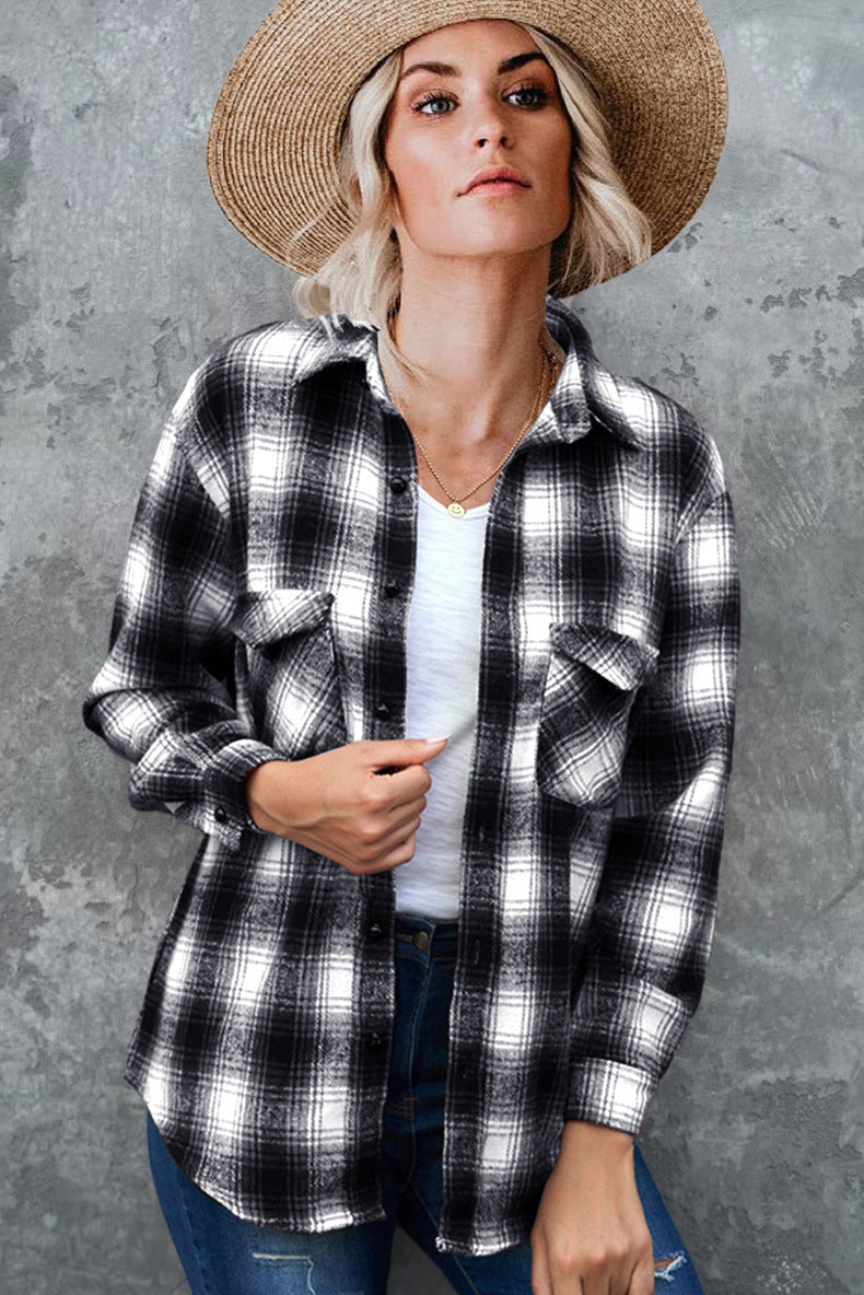 Women's Plaid Shirt Spring Loose Fit Mid-Length Blouse with Turndown Collar - Casual Outfit for Work, Dating & Everyday Wear