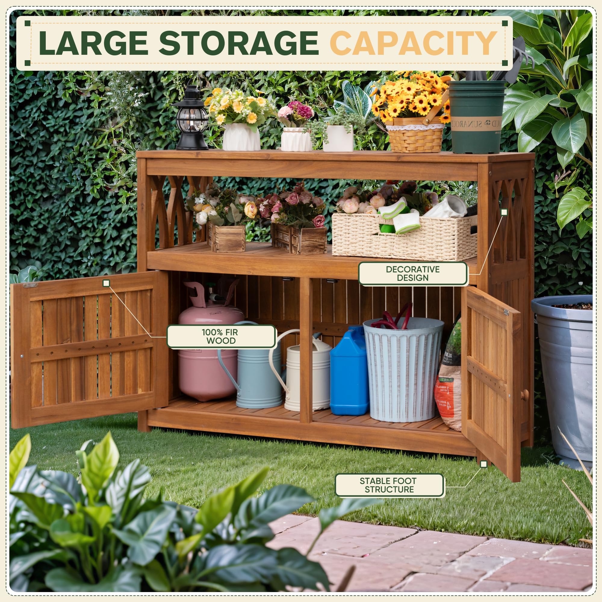 Greesum 2-Tier Acacia Wood Outdoor Storage Cabinet with Magnetic Doors - Garden, Patio, Living Room Organizer for Picnic Supplies, Buffet Serving, TV Stand or Bar Table (Brown)