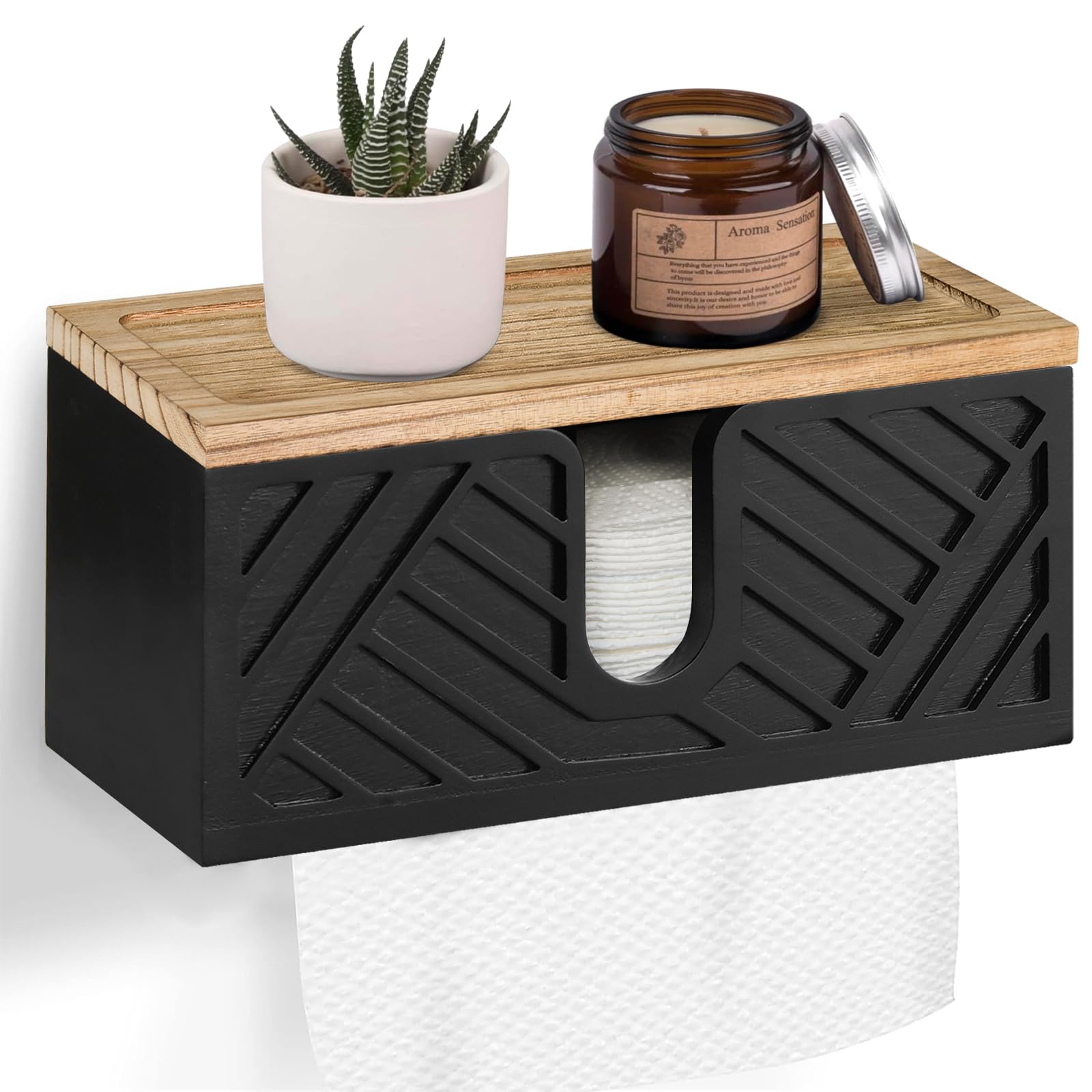 Solid Wood Paper Towel Holder Wall Mounted - Black | Kitchen & Bathroom Organizer for Easy Access & Space Saving
