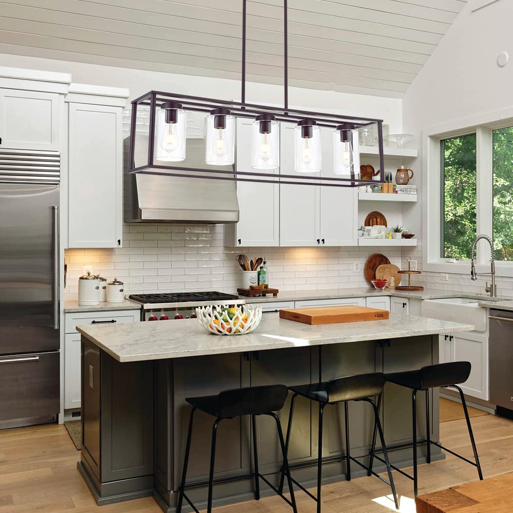 VINLUZ 5-Light Modern Linear Kitchen Island Chandelier - Oil Rubbed Bronze Cage Pendant Light with Clear Glass Shades - Farmhouse Ceiling Lighting Fixture for Dining Room, Living Room & Kitchen Island Decor