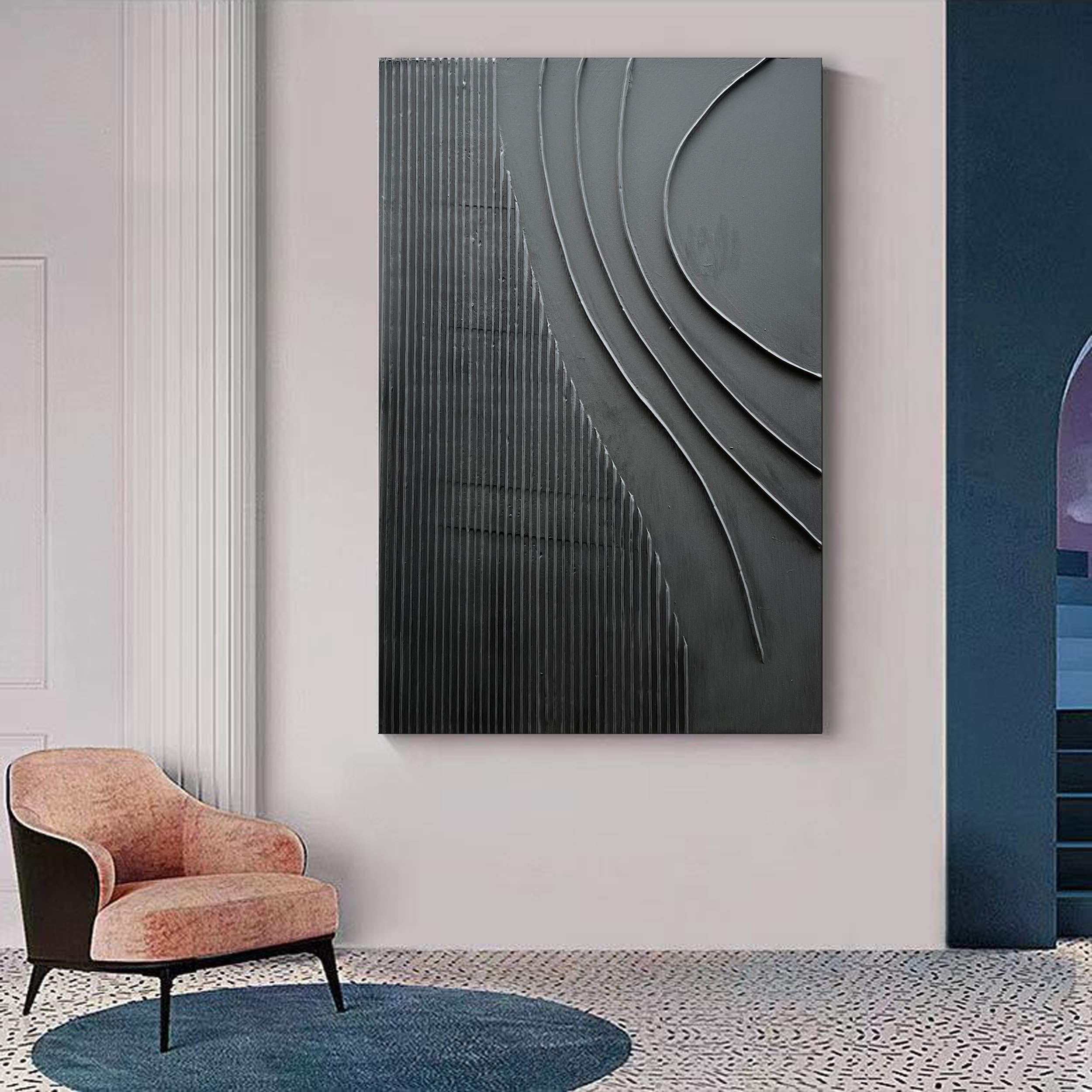 Hand-Painted Thick Texture Black Minimalist Oil Painting - 45x30 Inches Large Wall Art for Modern Home Decor | Living Room, Bedroom & Office Wall Decoration