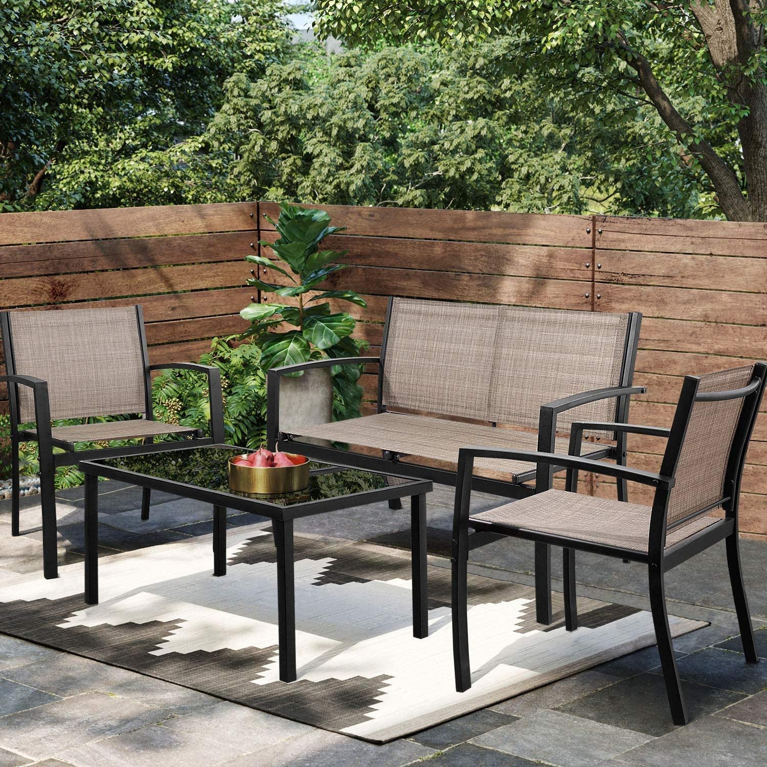 Greesum 4-Piece Outdoor Patio Furniture Set with Glass Coffee Table - Brown Wicker Conversation Set for Garden, Lawn, Poolside & Backyard - Perfect for Relaxing, Entertaining and Outdoor Dining