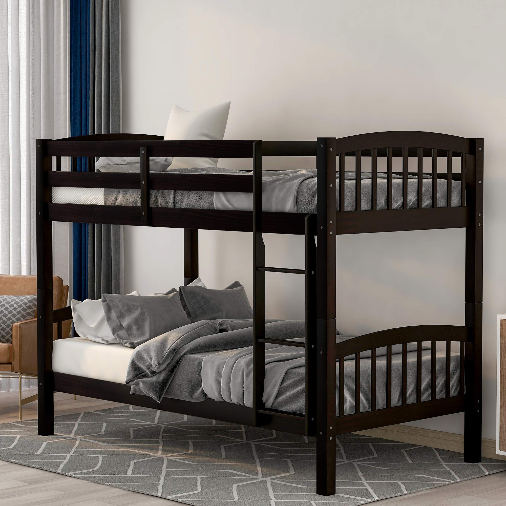 Harper & Bright Designs Twin Over Twin Solid Wood Bunk Bed Frame with Guardrail & Ladder - Space-Saving Kids Bedroom Furniture for Small Rooms (Espresso) - Perfect for Siblings, Sleepovers & Guest Rooms