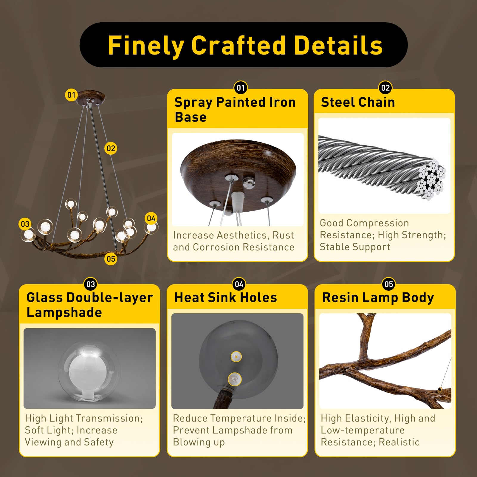 Modern Wood Branch Chandelier - 12 Bulb Adjustable LED Hanging Light with Resin Tree Design & Industrial Glass Bubbles - Perfect for Bedroom, Living Room, Dining Room & Home Decor Lighting