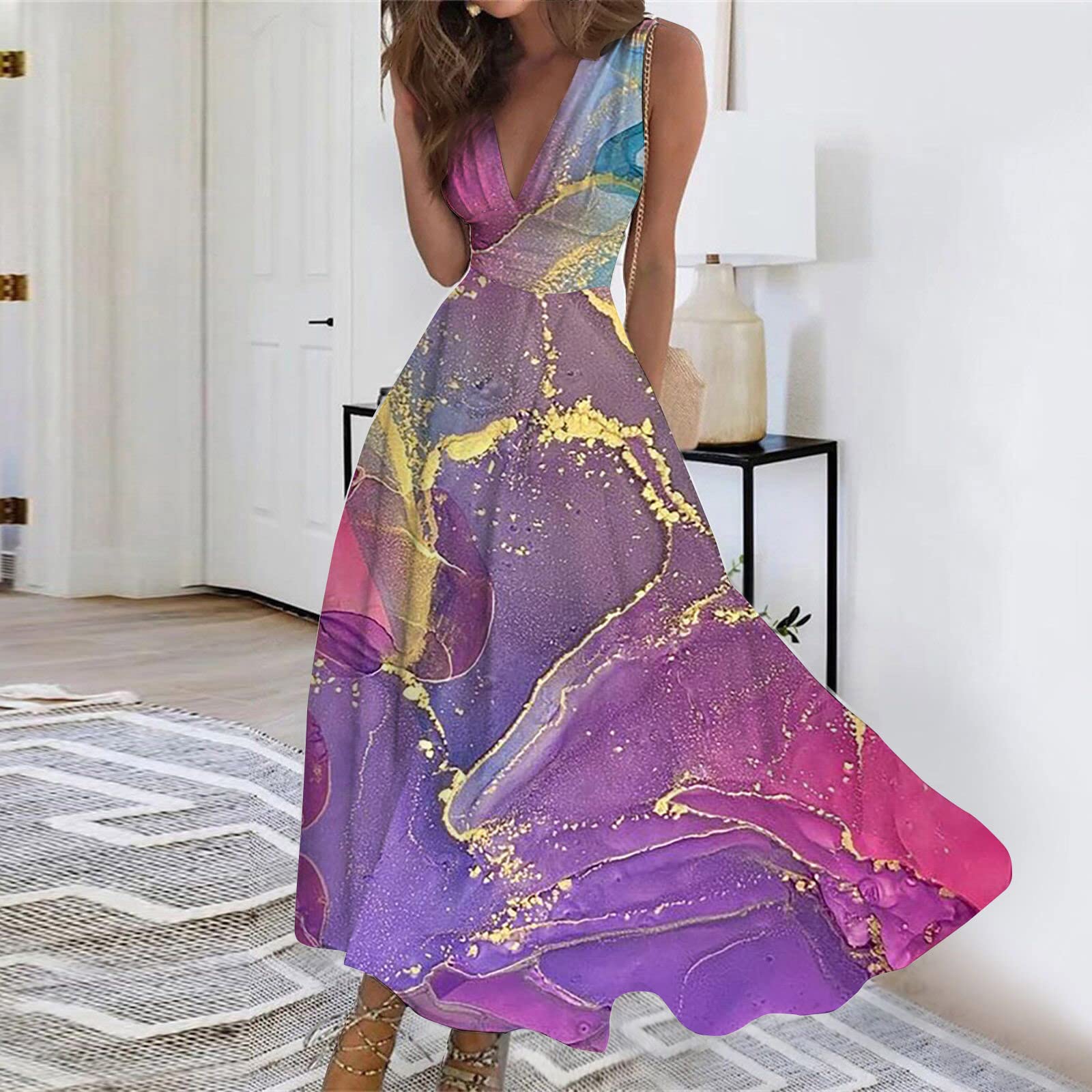 Elegant Wrap V-Neck Sleeveless Maxi Dress for Women - Trendy Marble Print Flowy Beach Dress for Spring Summer 2025 | Perfect for Vacations, Weddings & Casual Outings