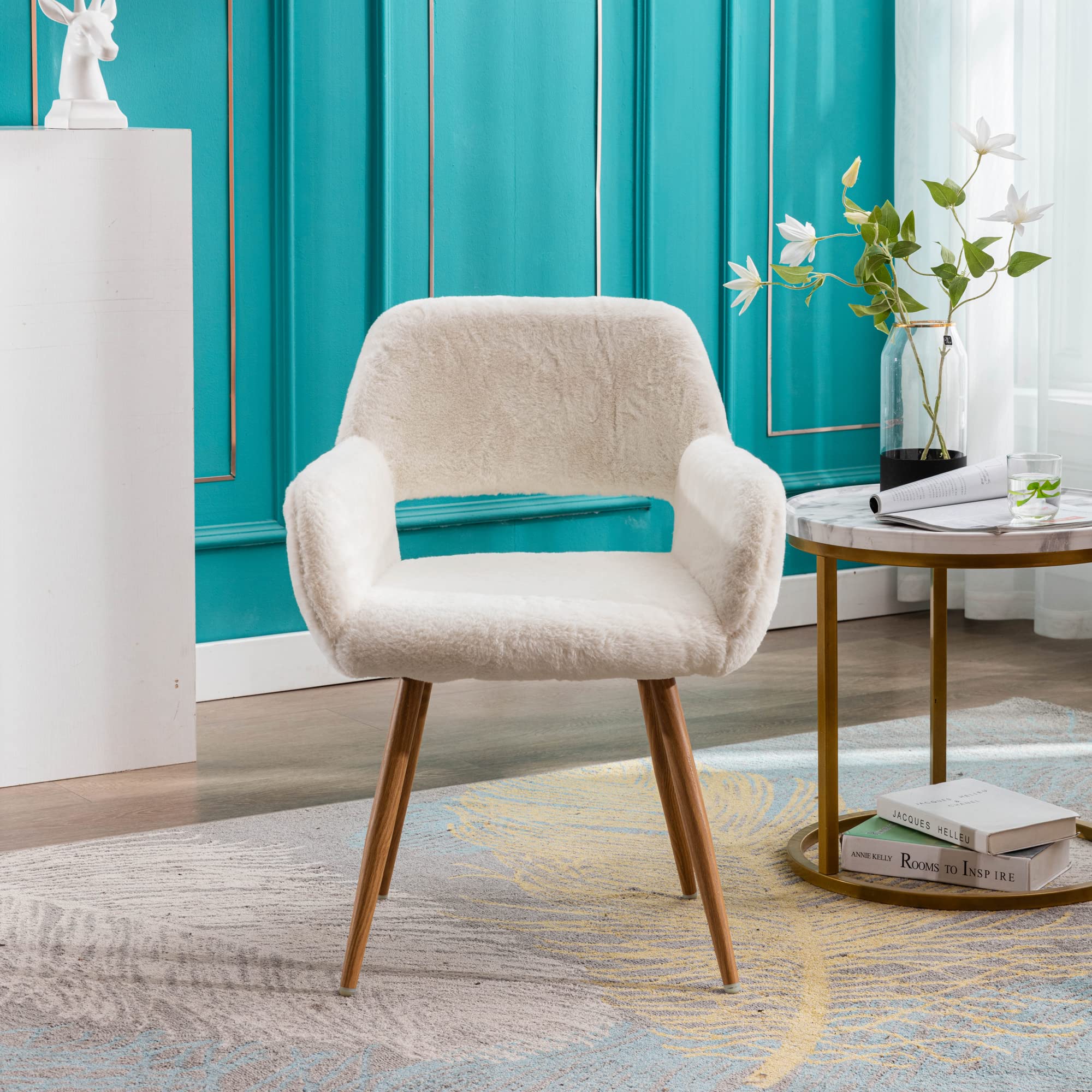 KCC Furry Desk Chair - Mid-Century Modern Accent Armchair with Faux Fur Upholstery & Wood-Look Metal Legs - Comfortable Seating for Teen Girls - Perfect for Living Room, Dining Room, Home Office, Vanity or Makeup Area (White, No Wheels) - Ideal for Study Sessions, Gaming, and Relaxing