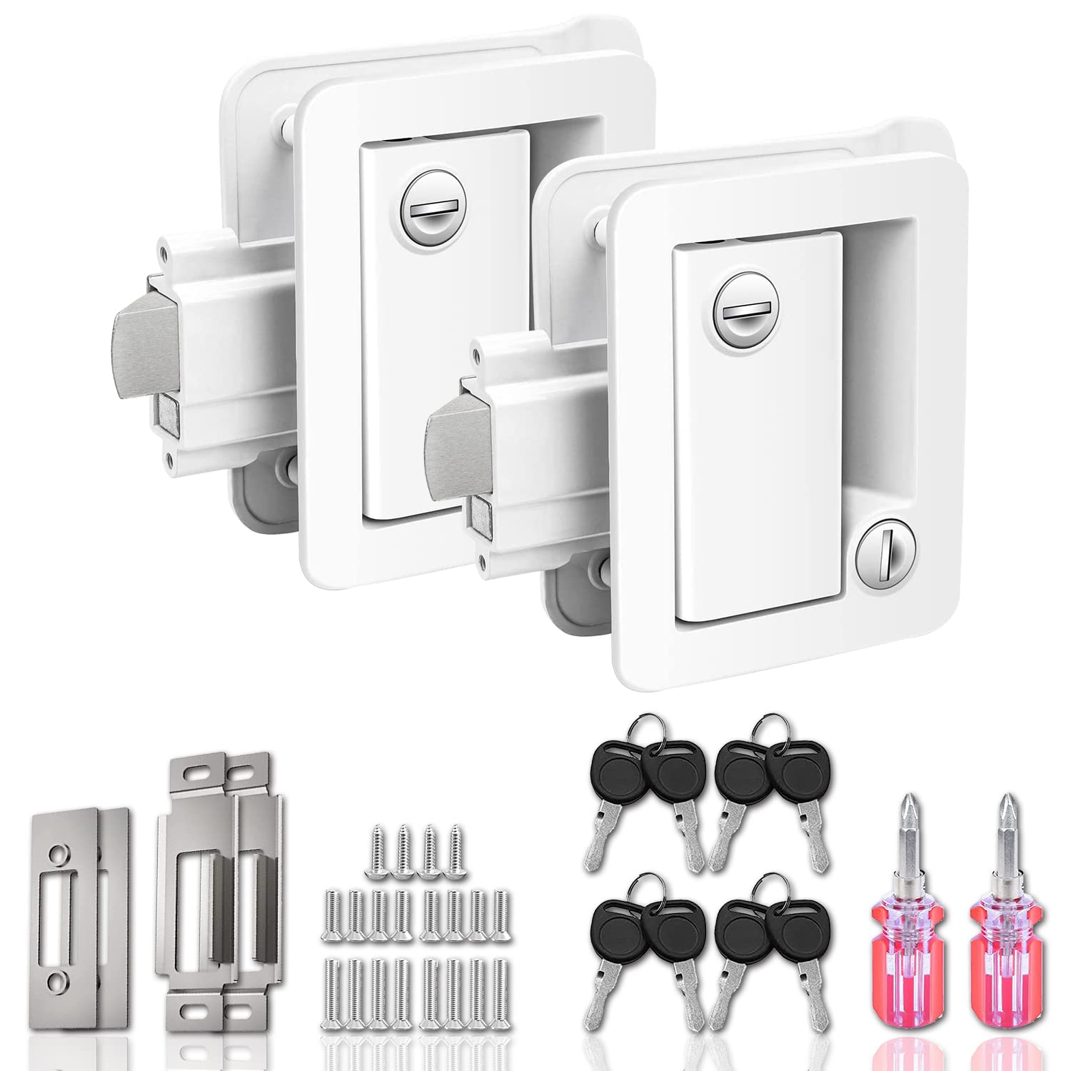 Upgraded RV Door Locks Replacement - Heavy Duty Zinc Alloy Camper Door Handle Latch with Paddle Deadbolt & Keys - 2 Pack White - Perfect for Travel Trailers, Horse Cargo Haulers & RV Entry Doors