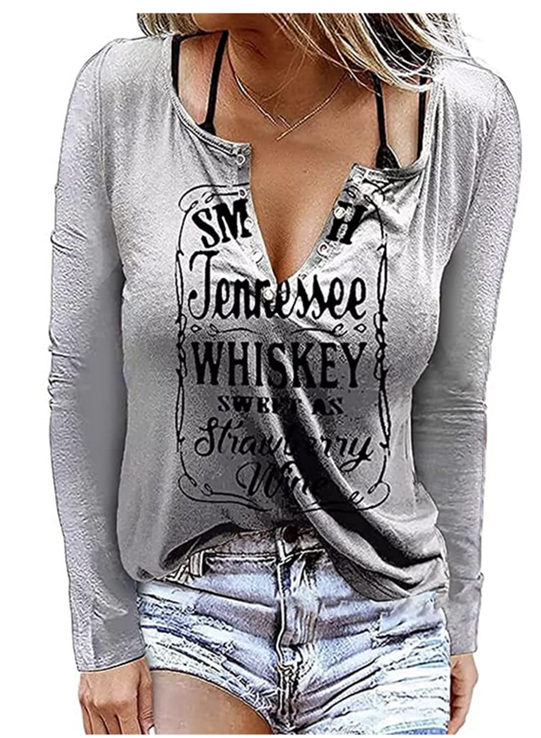 Women's V-Neck Long Sleeve T-Shirt with Letter Print - Soft Cotton Fall Top (Perfect for Casual Wear, Date Nights & Autumn Outfits)