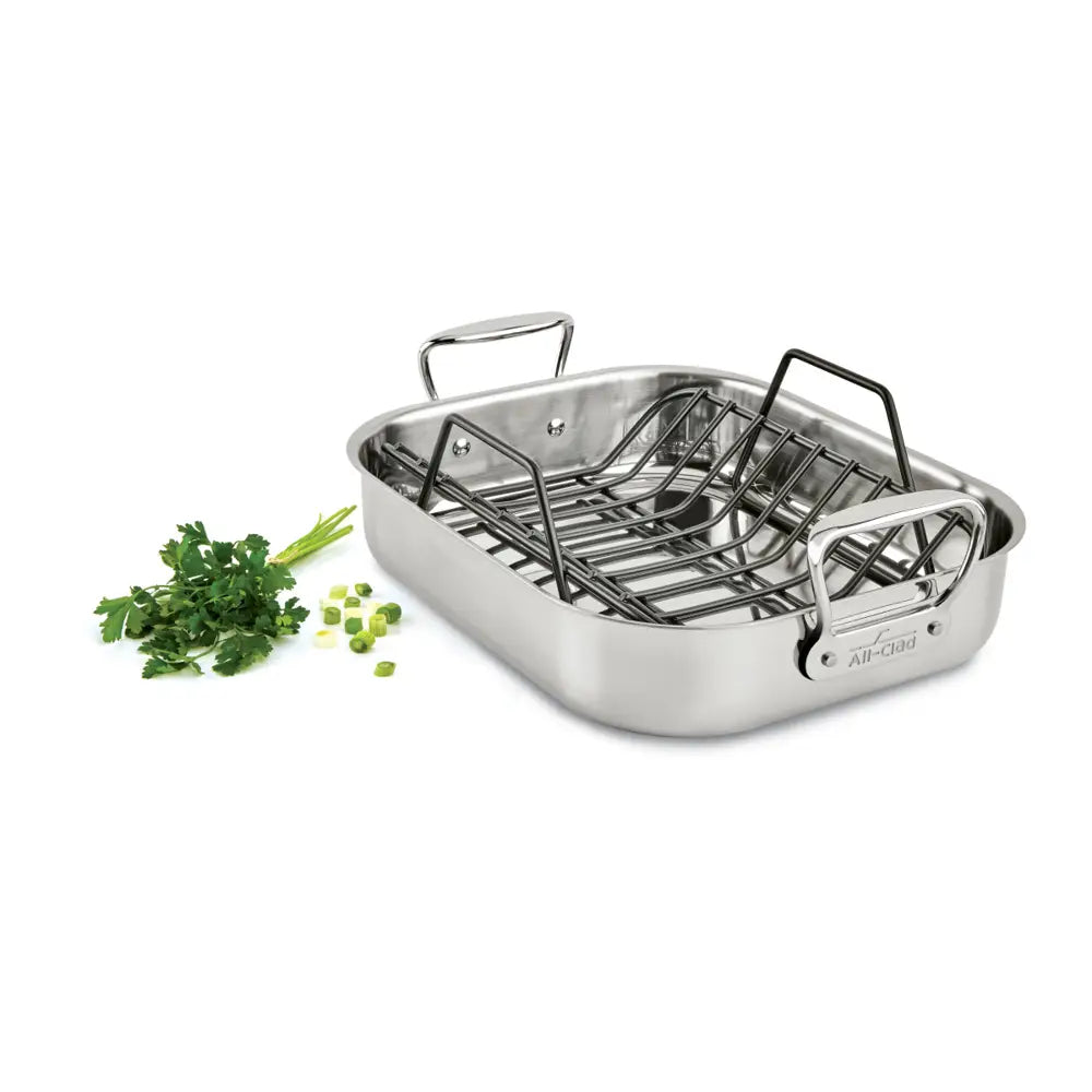 All-Clad 11x14 Inch Stainless Steel Small Roasting Pan with Rack - Perfect for Oven Roasting Chicken, Turkey & Vegetables | Durable & Easy Clean Cookware for Home Chefs