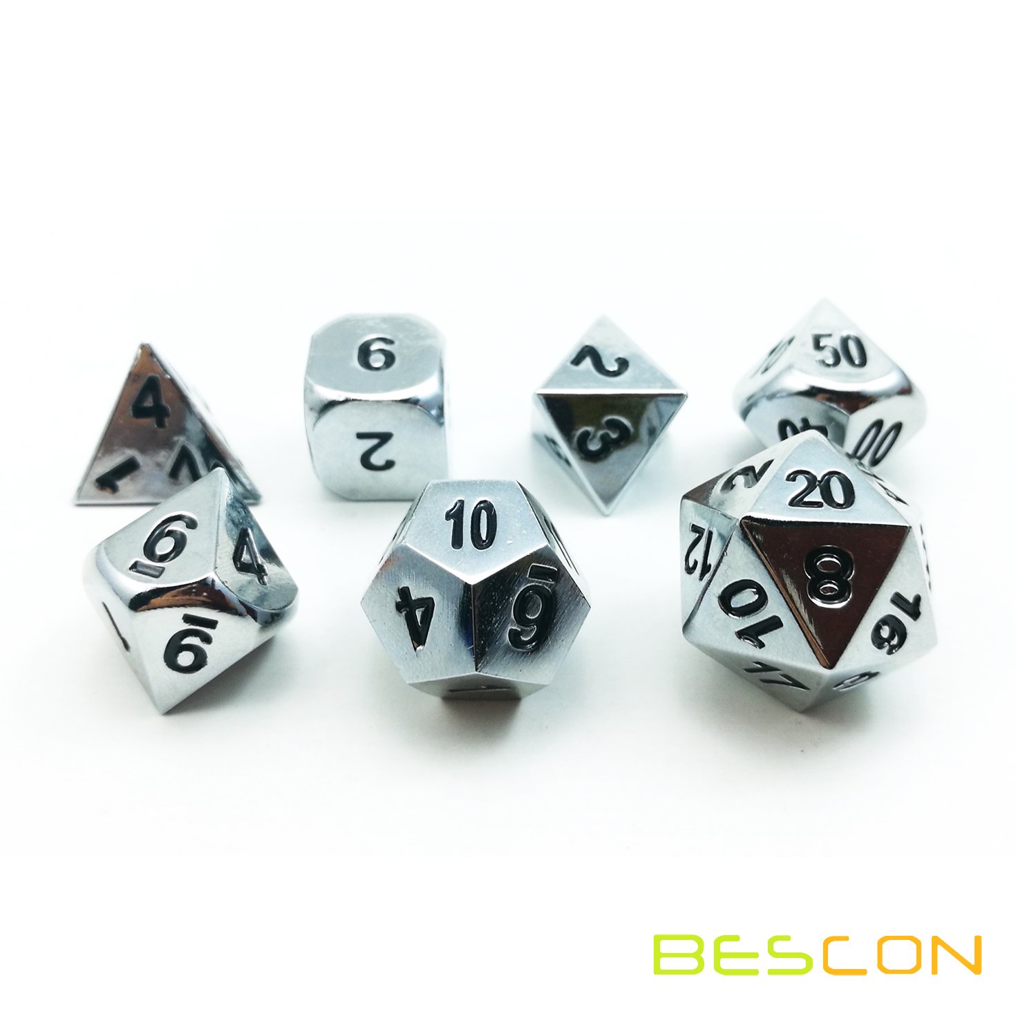 Bescon Super Shiny Gloss Silver Metal 7-Piece Polyhedral Dice Set - Chrome RPG Game Dice for Dungeons & Dragons, Pathfinder, and Tabletop Roleplaying Games