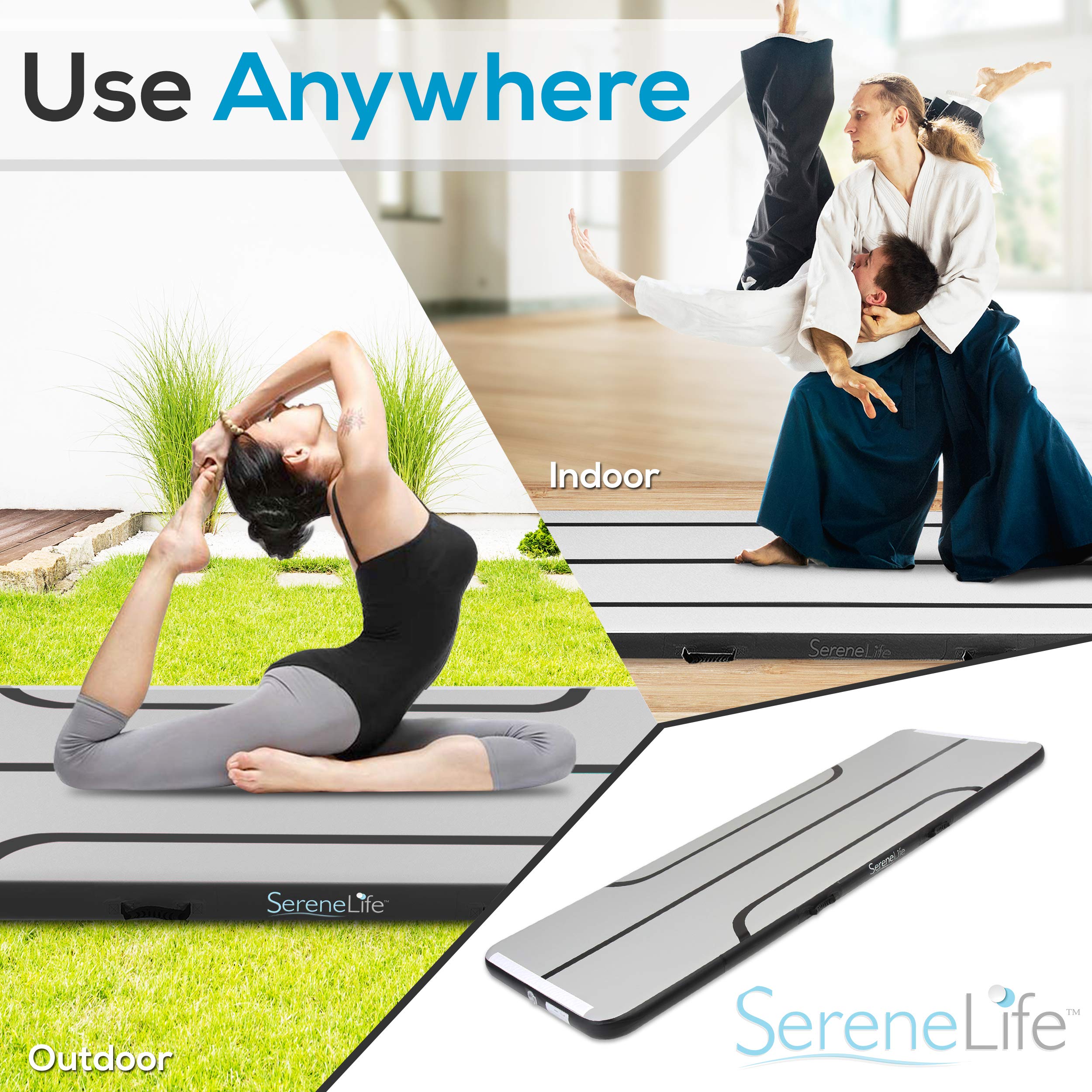 Serene Life 9.8ft Inflatable Gymnastics Air Track Mat - Portable Tumbling Mat for Indoor/Outdoor Use - Perfect for Gymnastics Training, Yoga, Cheerleading & Fitness - Black (SLGM3KB) | Great for Home Practice, Gym Sessions & Backyard Workouts