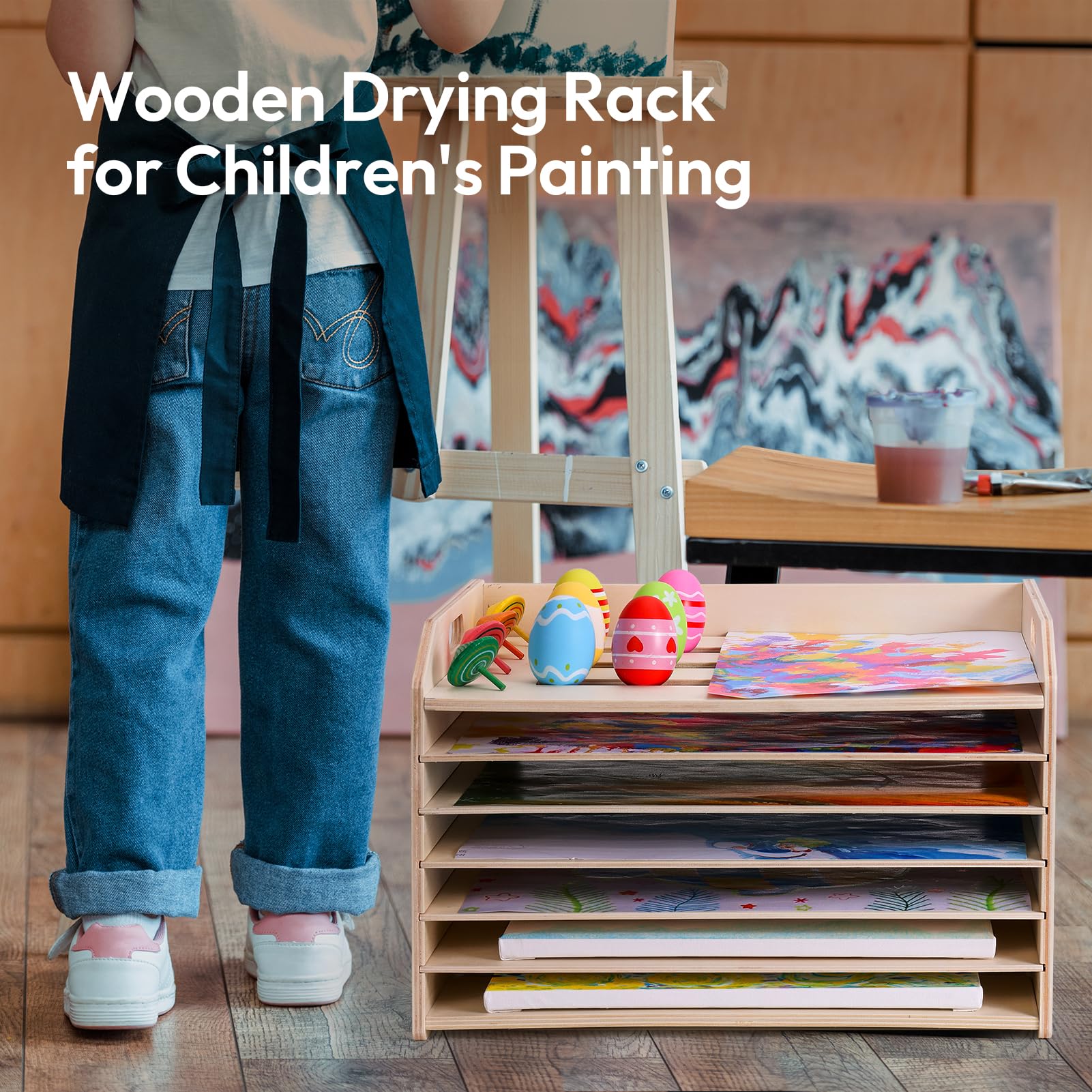 Montessori Wooden Art Drying Rack - 7 Shelf Kids Paint & Canvas Storage Organizer for Home, Classroom, Art Studio | Perfect for Displaying Children's Artwork & Drying Paintings Safely
