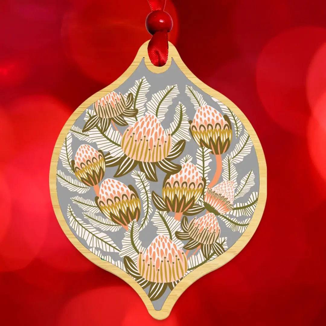 Bush Proteas Christmas Bauble – Handmade Floral Ornament for Holiday Tree Decor, Festive Home & Office Decoration