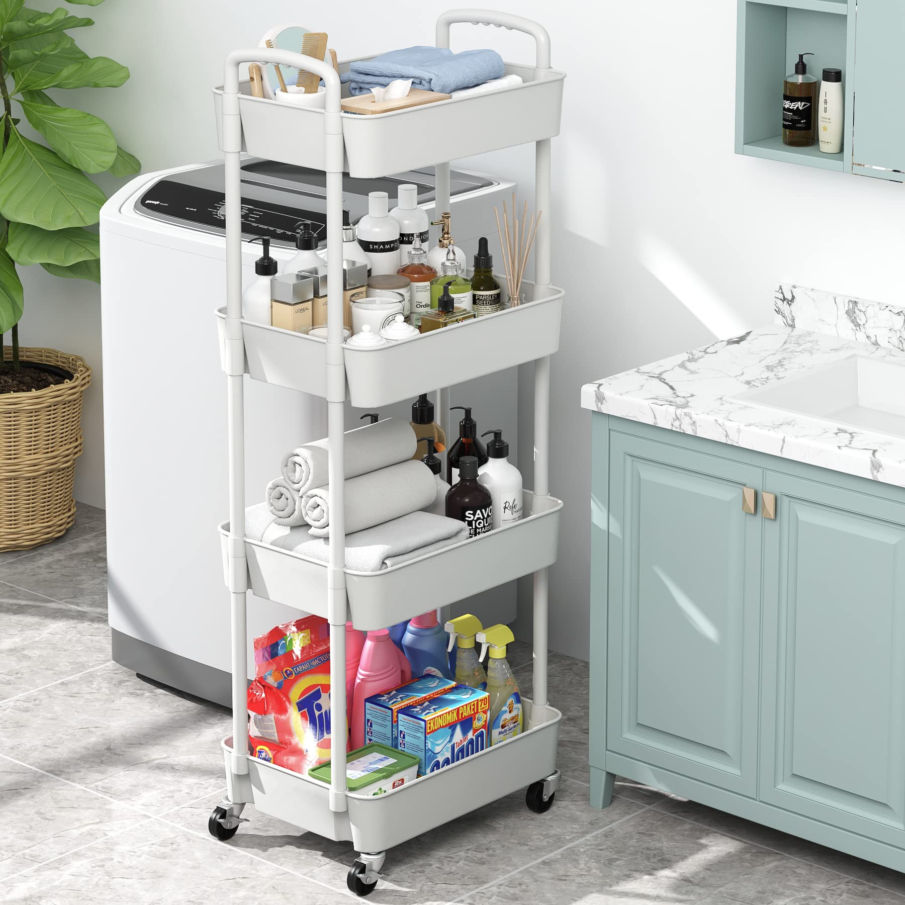 Sywhitta 4-Tier Rolling Storage Cart - White Mobile Kitchen Organizer with Wheels for Bedroom, Bathroom & Office | Perfect for Small Space Organization & Home Storage Solutions