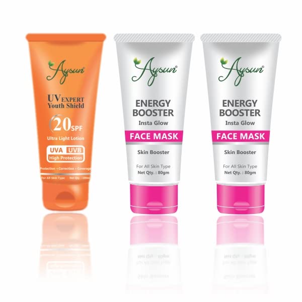 Aysun UV Expert Youth Shield SPF 20 Ultra Light Face Lotion with 2 Energy Booster Face Masks - Anti-Aging Moisturizer for Daily Sun Protection & Skin Rejuvenation | Perfect for Outdoor Activities, Travel & Daily Skincare Routine