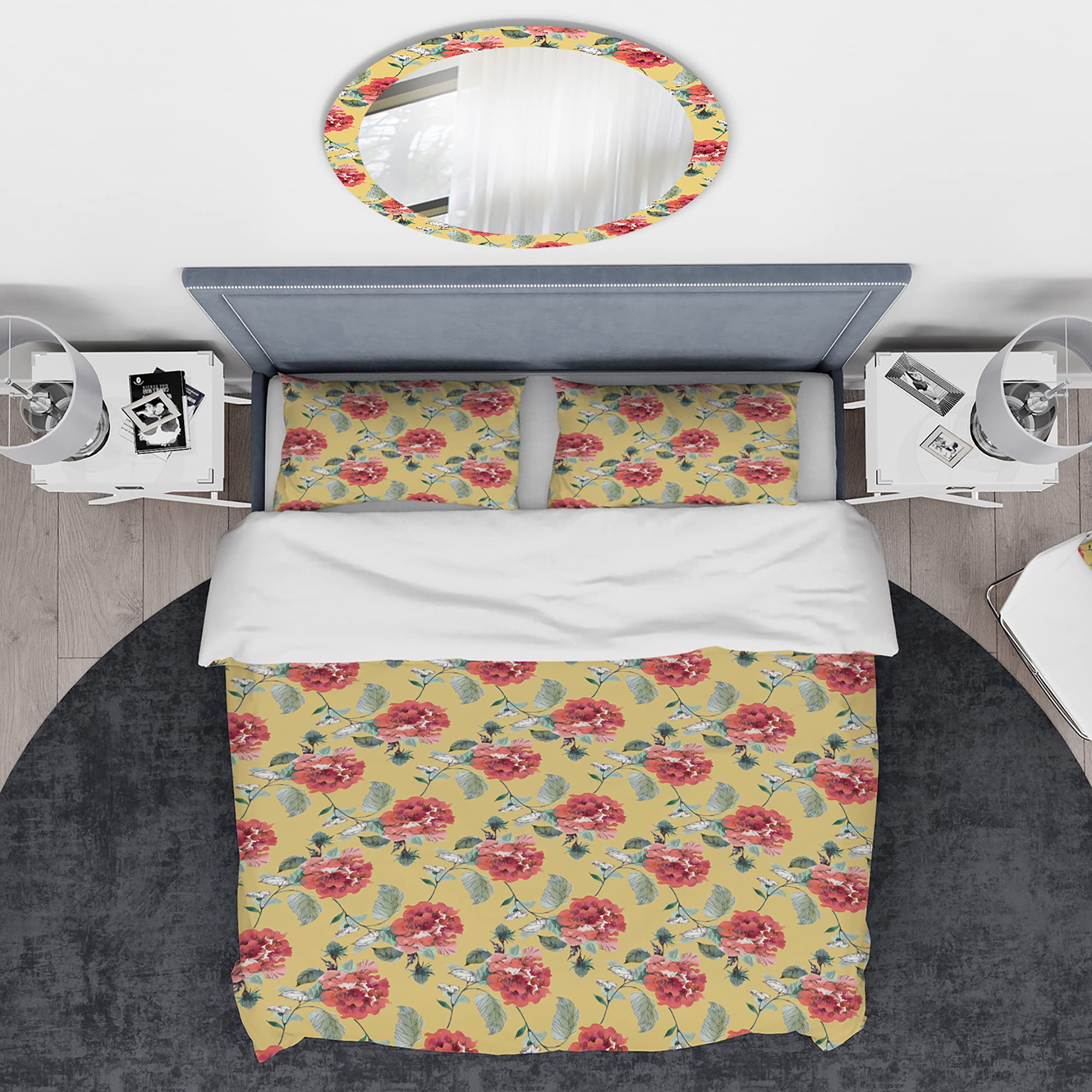DesignQ Red Rose Floral Duvet Cover Set King Size - Yellow Nautical Coastal Bedding 3-Piece All Season Comforter Set for Beach House & Master Bedroom Decor