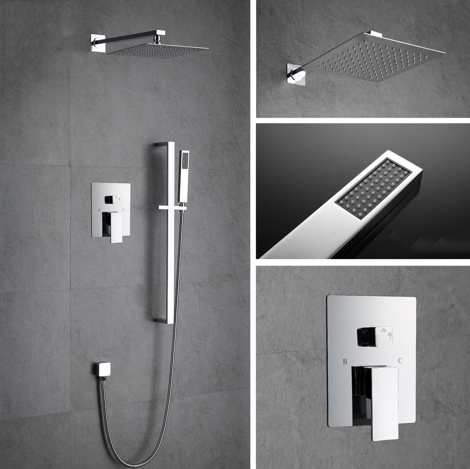 Premium Copper Square 2-Function Wall-Mounted Shower System with Adjustable Lifting Rod - Hotel Style Concealed Bathroom Shower Set for Luxurious Spa Experience at Home