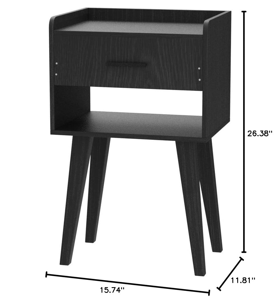Modern Black Nightstand with Drawer - Wooden Bedside Table for Small Spaces, Storage Side Table - Perfect for Bedroom, Living Room, Dorm & Office (26.38