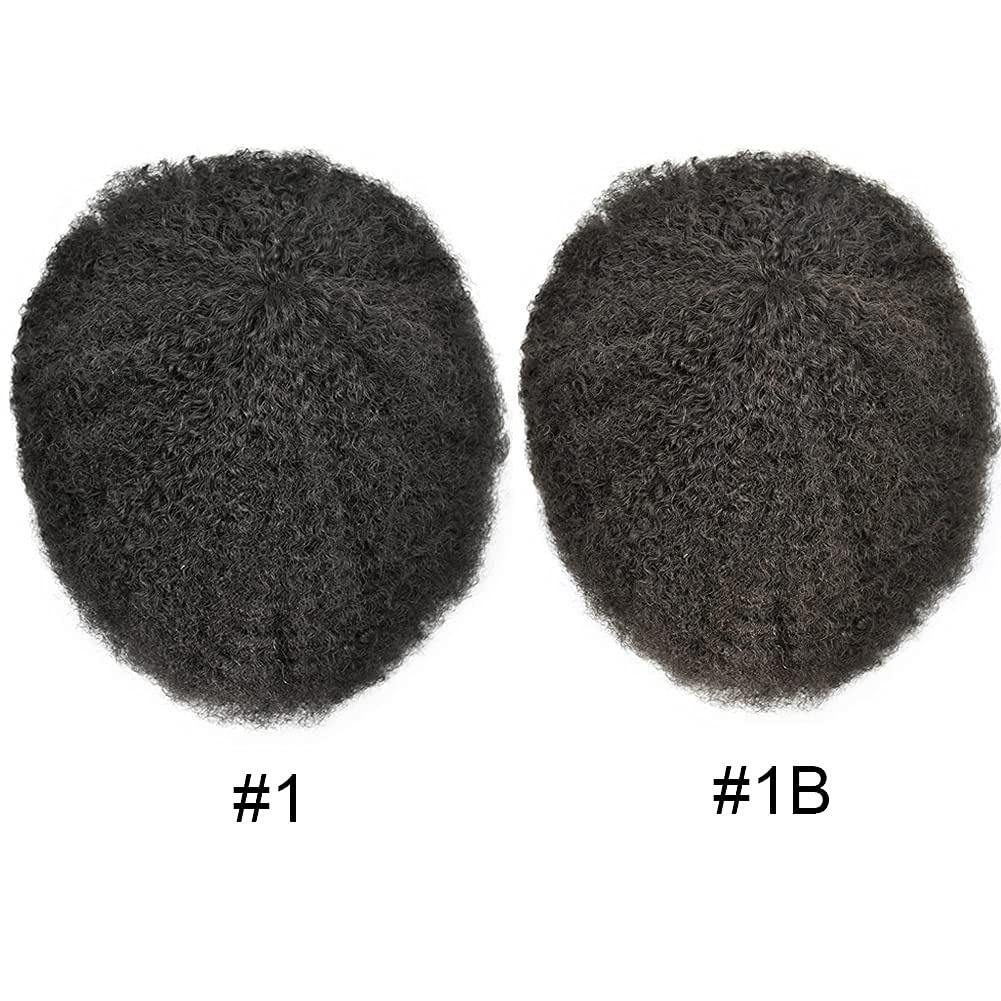**Afro Curly Toupee for Black Men - 100% Virgin Human Kinky Curly Hair Replacement - 8X10 Inch Thin Skin Hair Unit (Afro Wavy 6mm, #1B Off Black/Natural Black) - 120% Medium Light to Medium Density - Perfect for Daily Wear, Cosplay & Special Events**