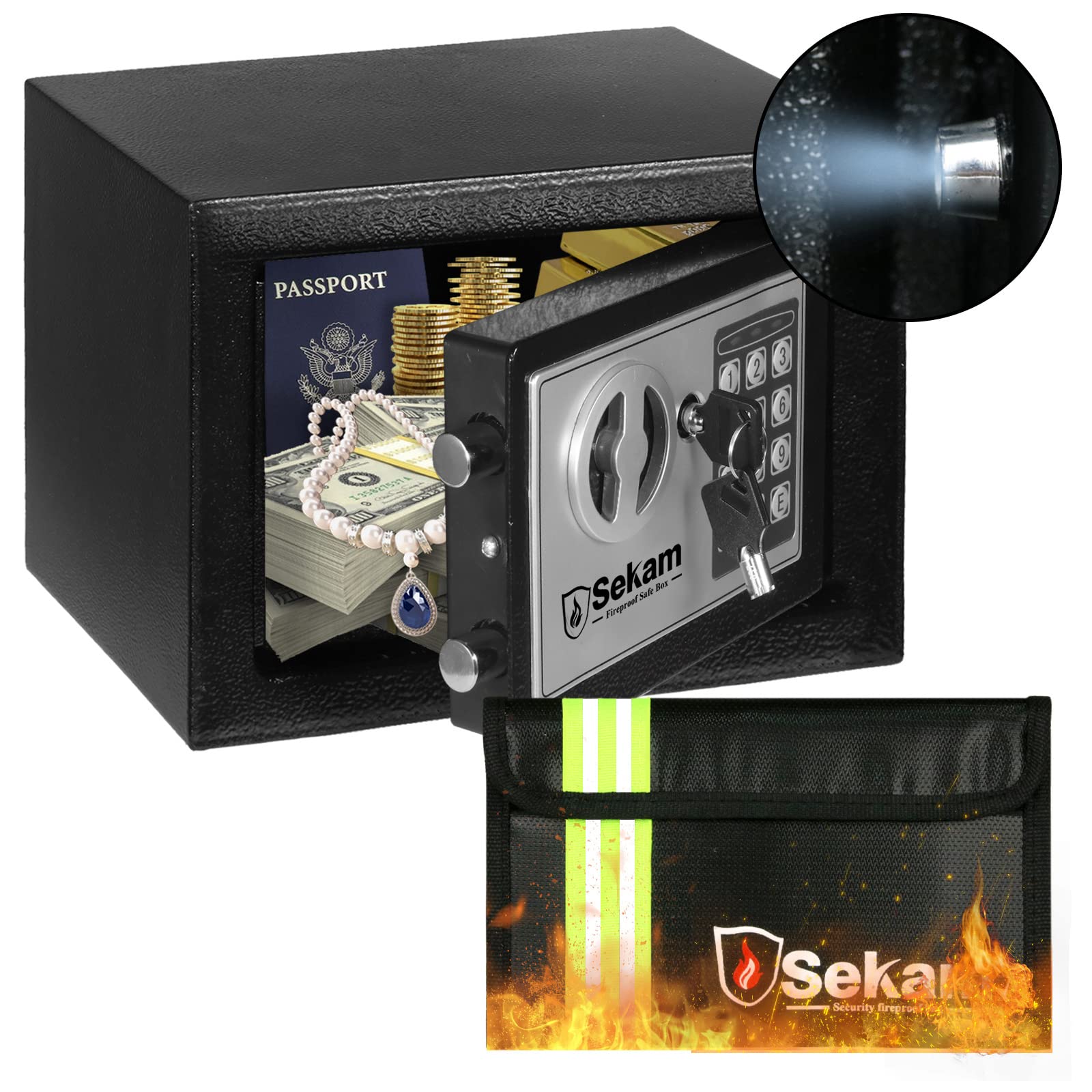SEKAM Digital Security Safe Box - Fireproof & Sensor Light, High-Viz Money Bag, Passcode & Key Lock - Home & Office Cash Protection for Jewelry, Documents & Valuables