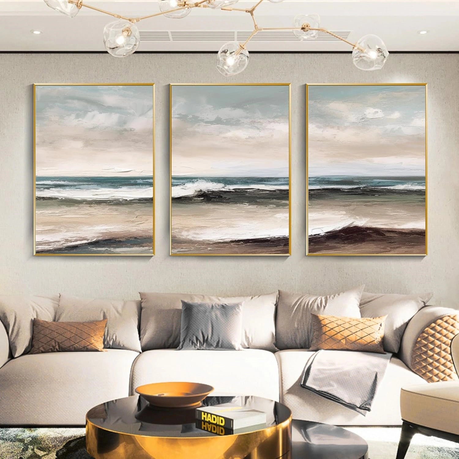 Ocean and Sky Wall Art Set of 3 - Modern Coastal Paintings for Living Room, Bedroom & Office Decor - Blue Seascape Canvas Prints (OS 259)